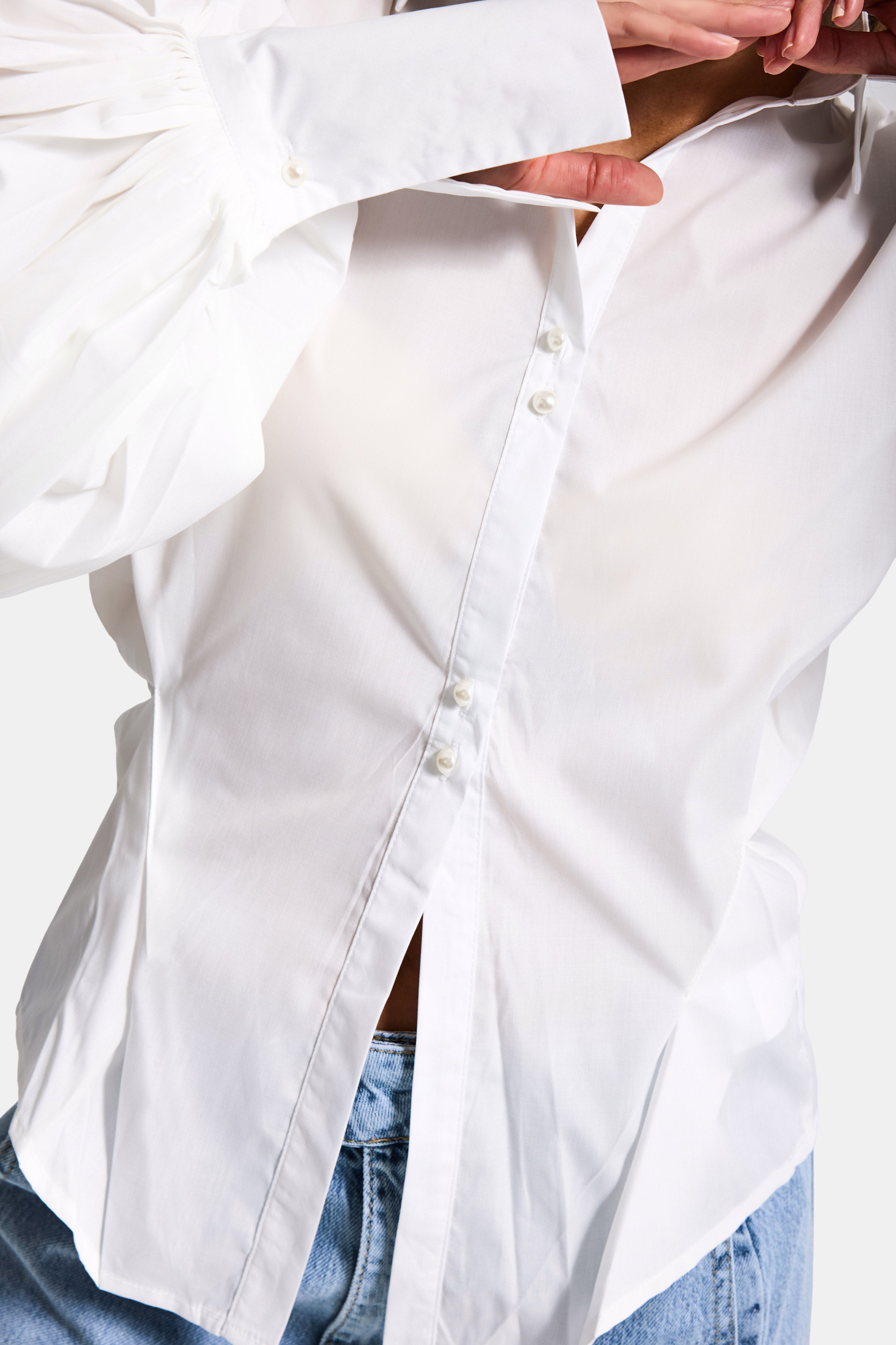 Kadın Beyaz w5 Balon Kol Pamuk Belden Oturtmalı Özel Tasarım Gömlek