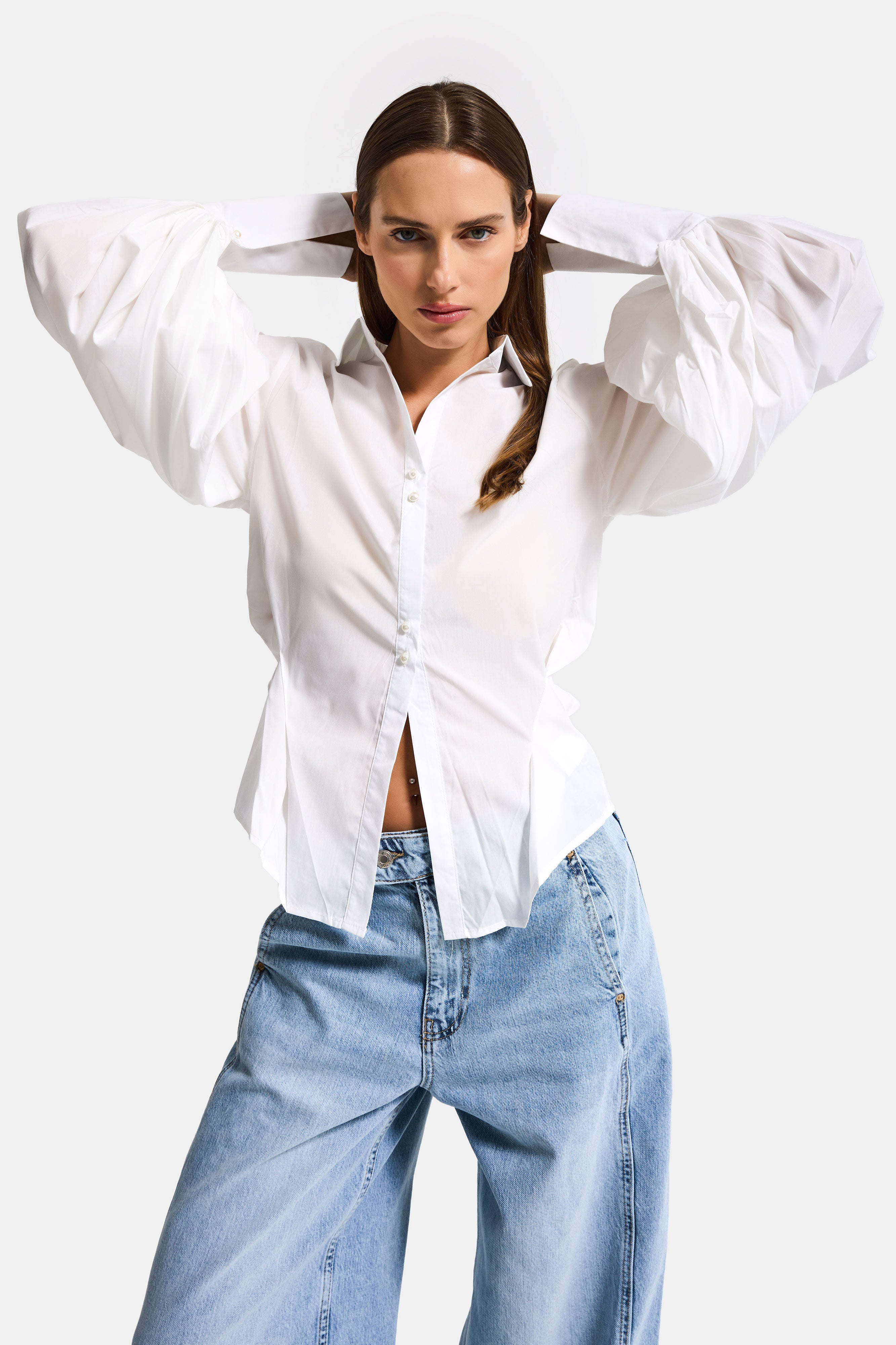 Kadın Beyaz w5 Balon Kol Pamuk Belden Oturtmalı Özel Tasarım Gömlek