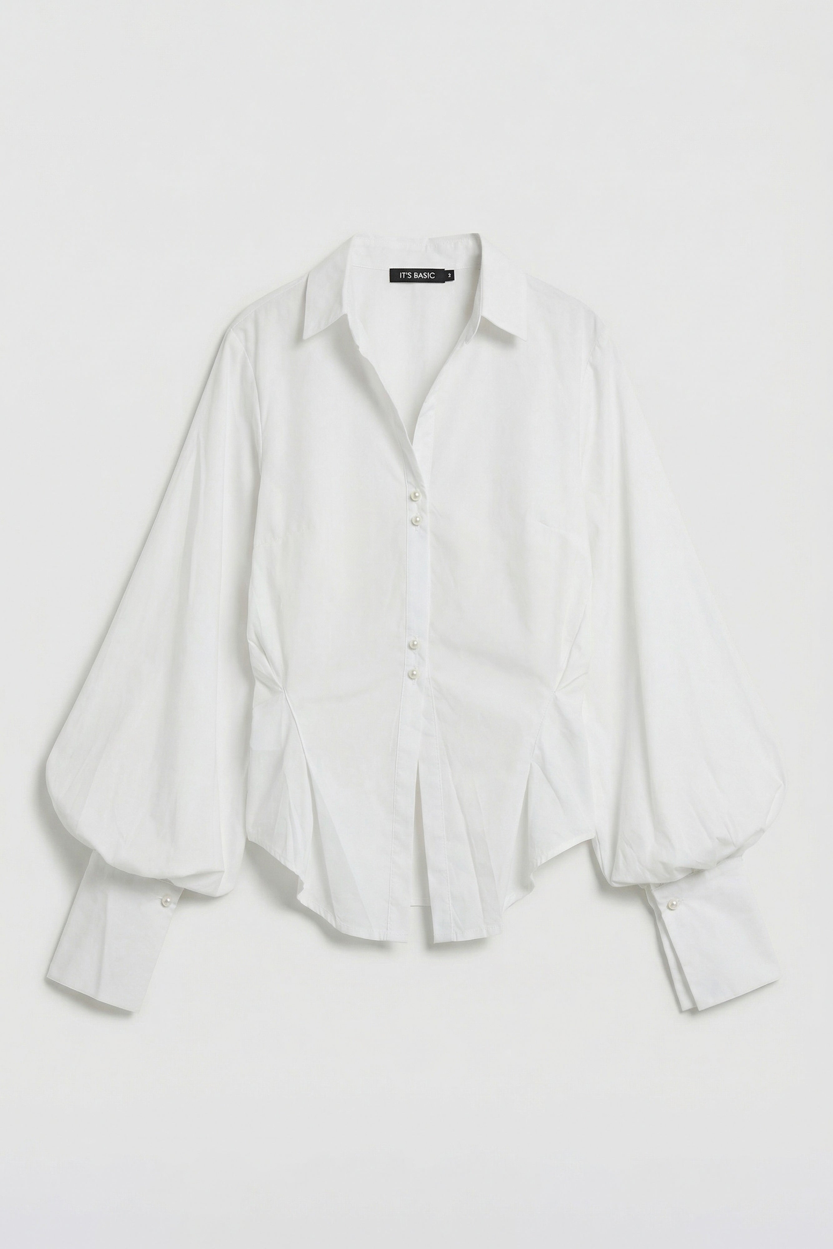 Kadın Beyaz w5 Balon Kol Pamuk Belden Oturtmalı Özel Tasarım Gömlek