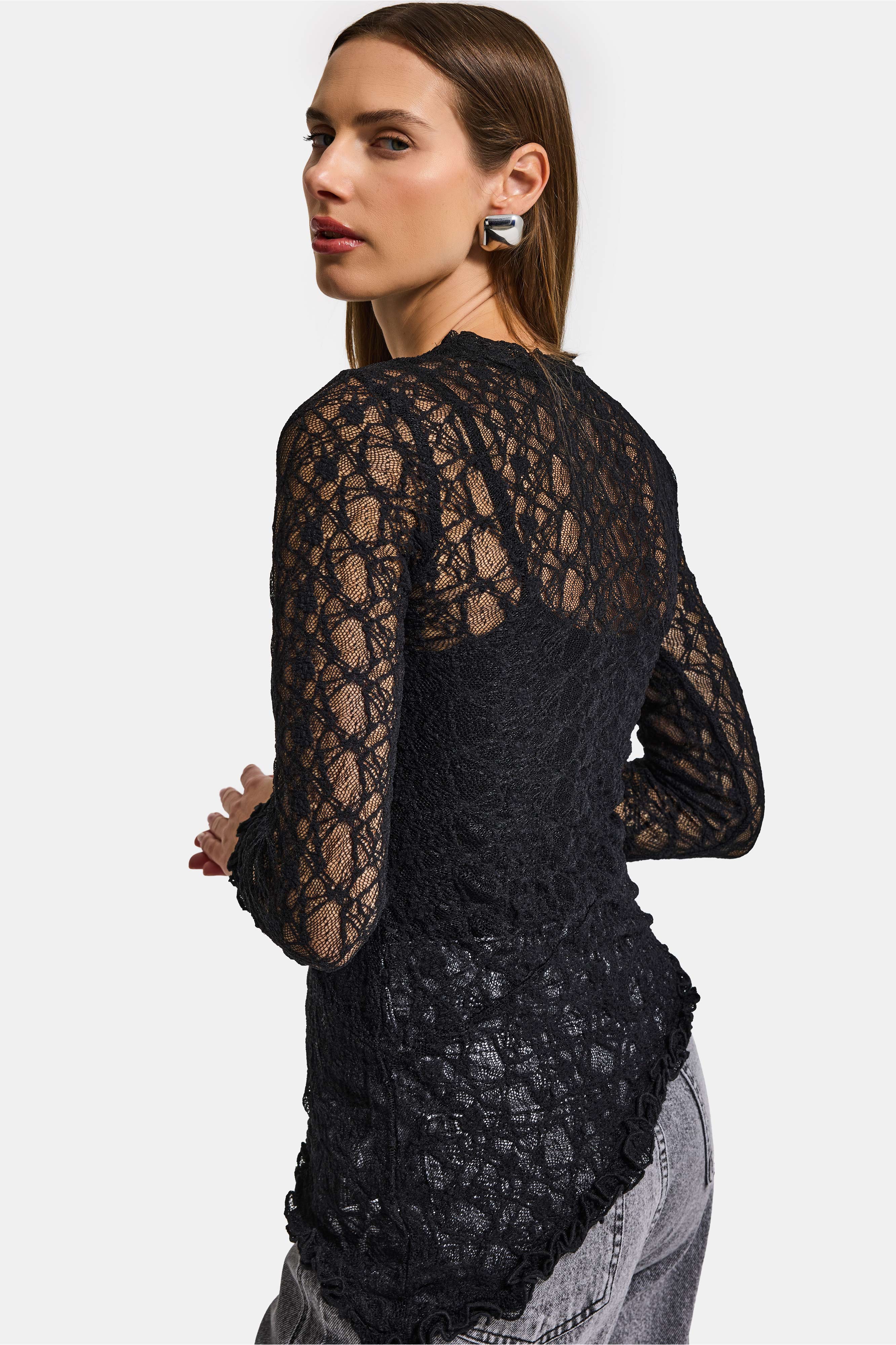 Kadın Siyah w5 Asimetrik Kesim Özel Örgü Dantel Tasarım Transparan Yazlık Triko