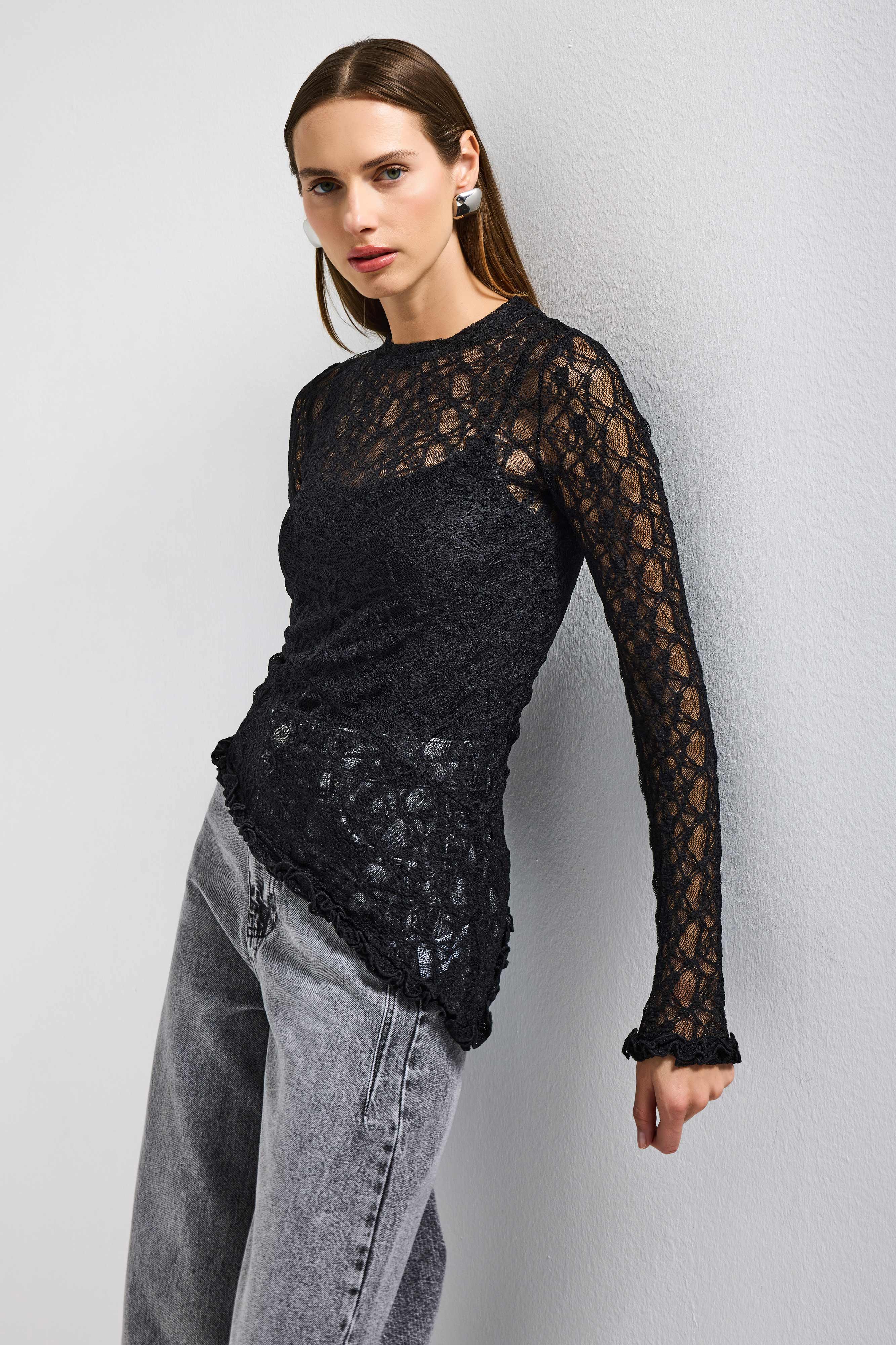 Kadın Siyah w5 Asimetrik Kesim Özel Örgü Dantel Tasarım Transparan Yazlık Triko