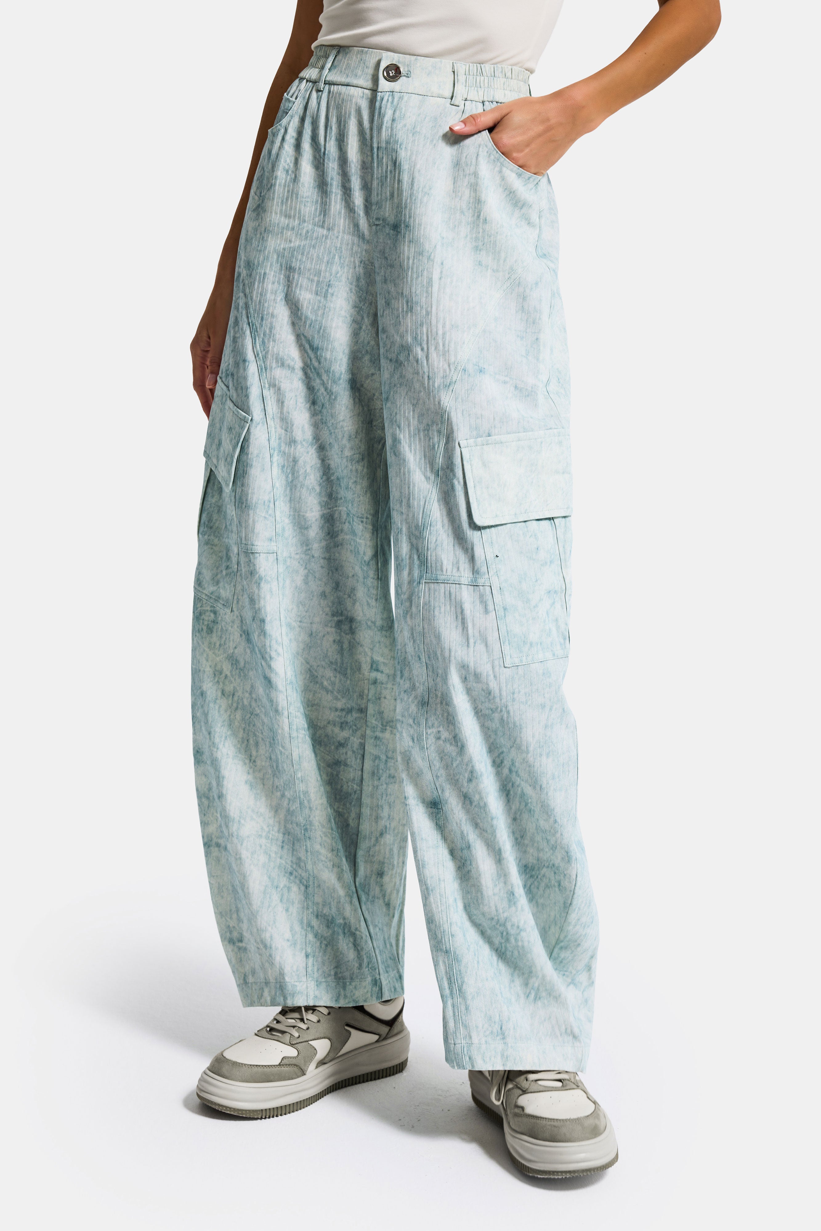 Kadın Mavi Ekru w5 Skater Mom Kargo Cep Özel Kumaş Tasarım Pantolon