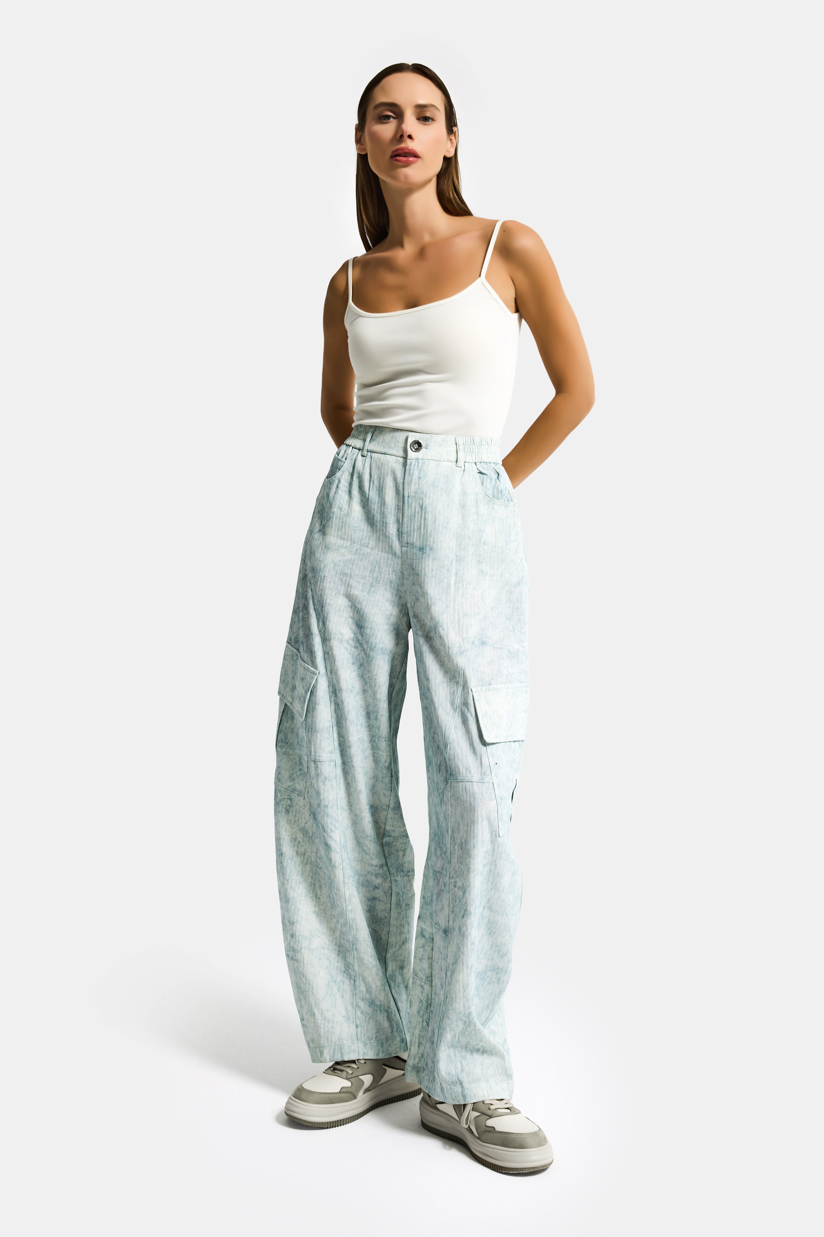 Kadın Mavi Ekru w5 Skater Mom Kargo Cep Özel Kumaş Tasarım Pantolon