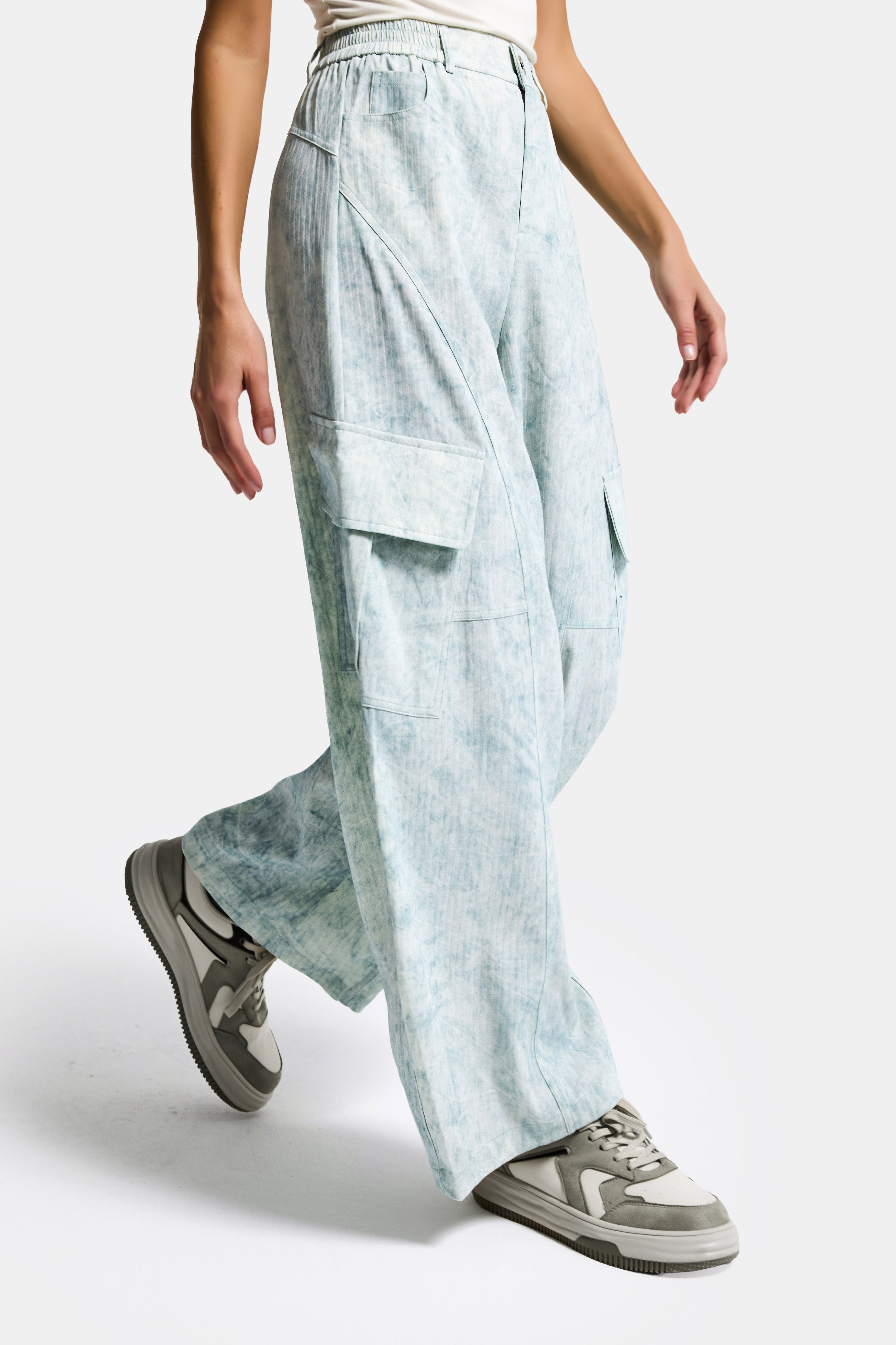 Kadın Mavi Ekru w5 Skater Mom Kargo Cep Özel Kumaş Tasarım Pantolon