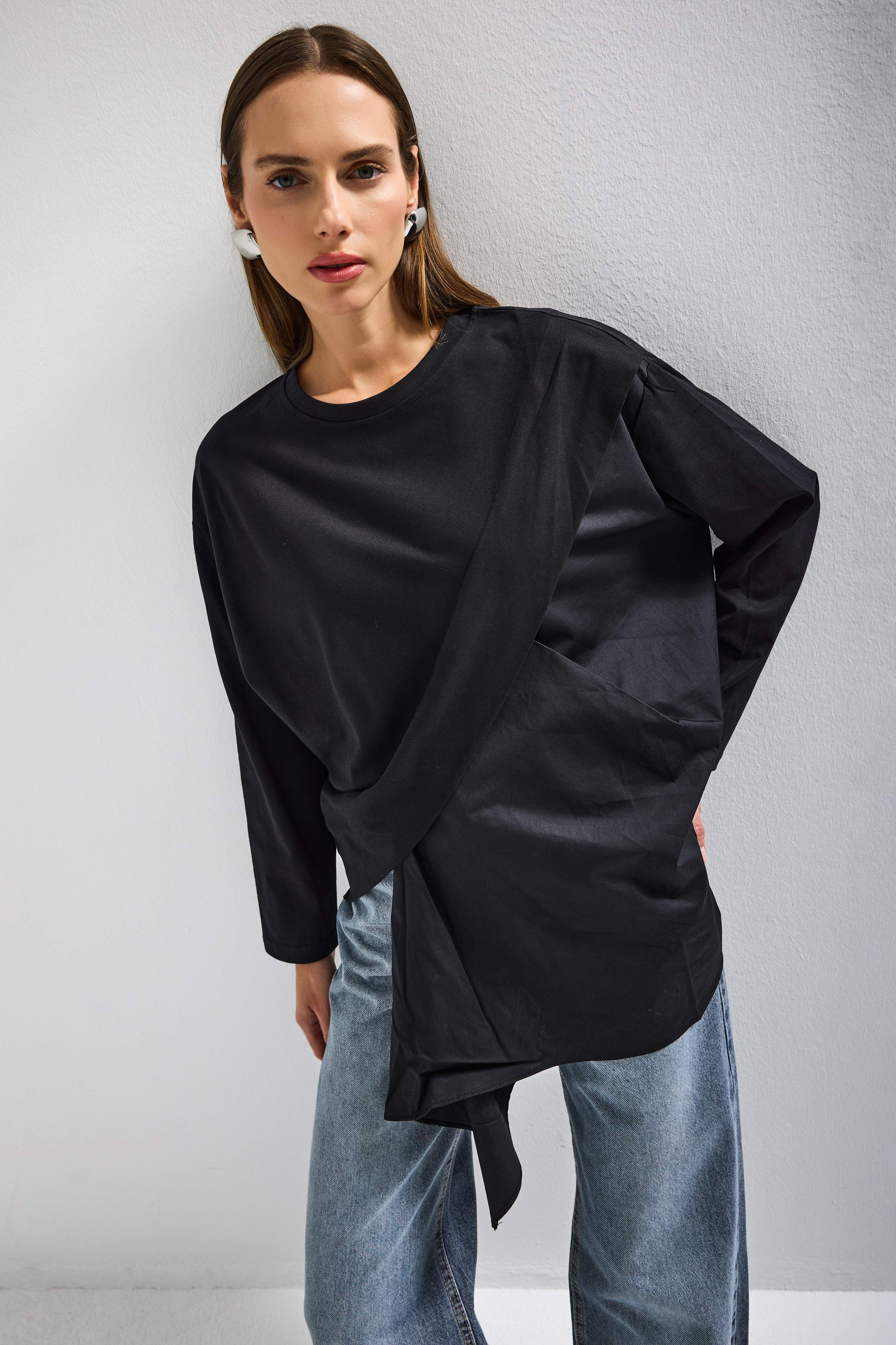 Women's Black w5 Oversize Two-Piece Design Shirt Sweatshirt
