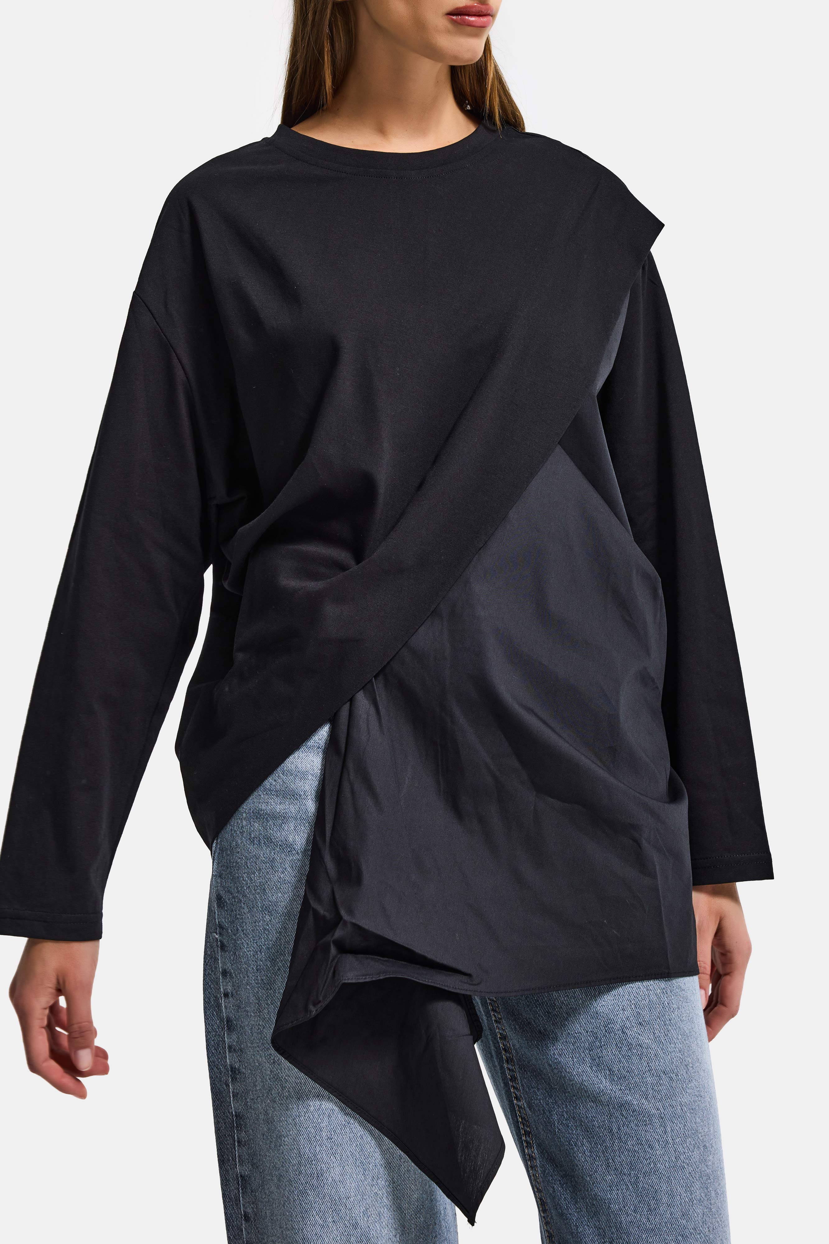 Women's Black w5 Oversize Two-Piece Design Shirt Sweatshirt