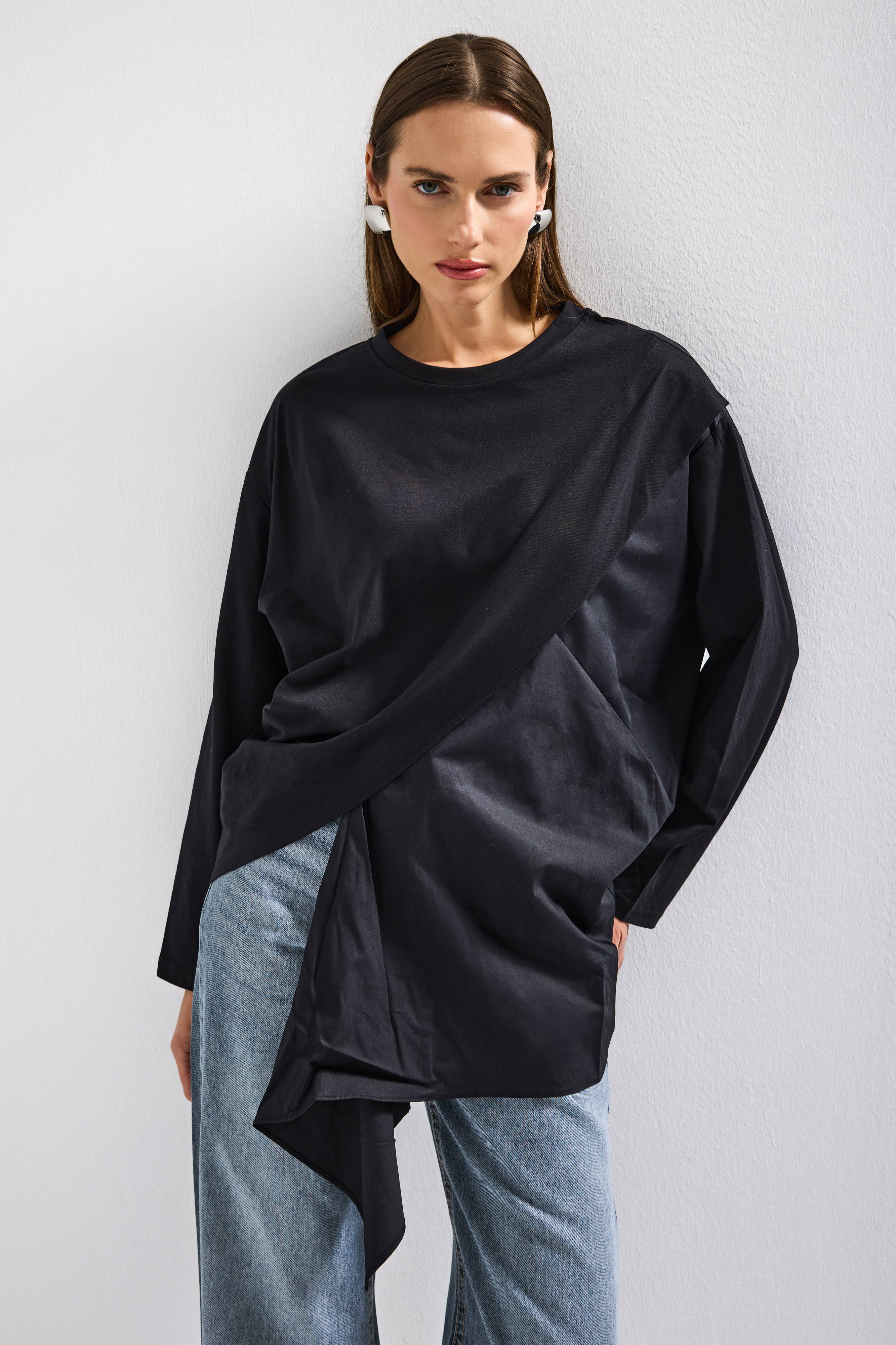 Women's Black w5 Oversize Two-Piece Design Shirt Sweatshirt