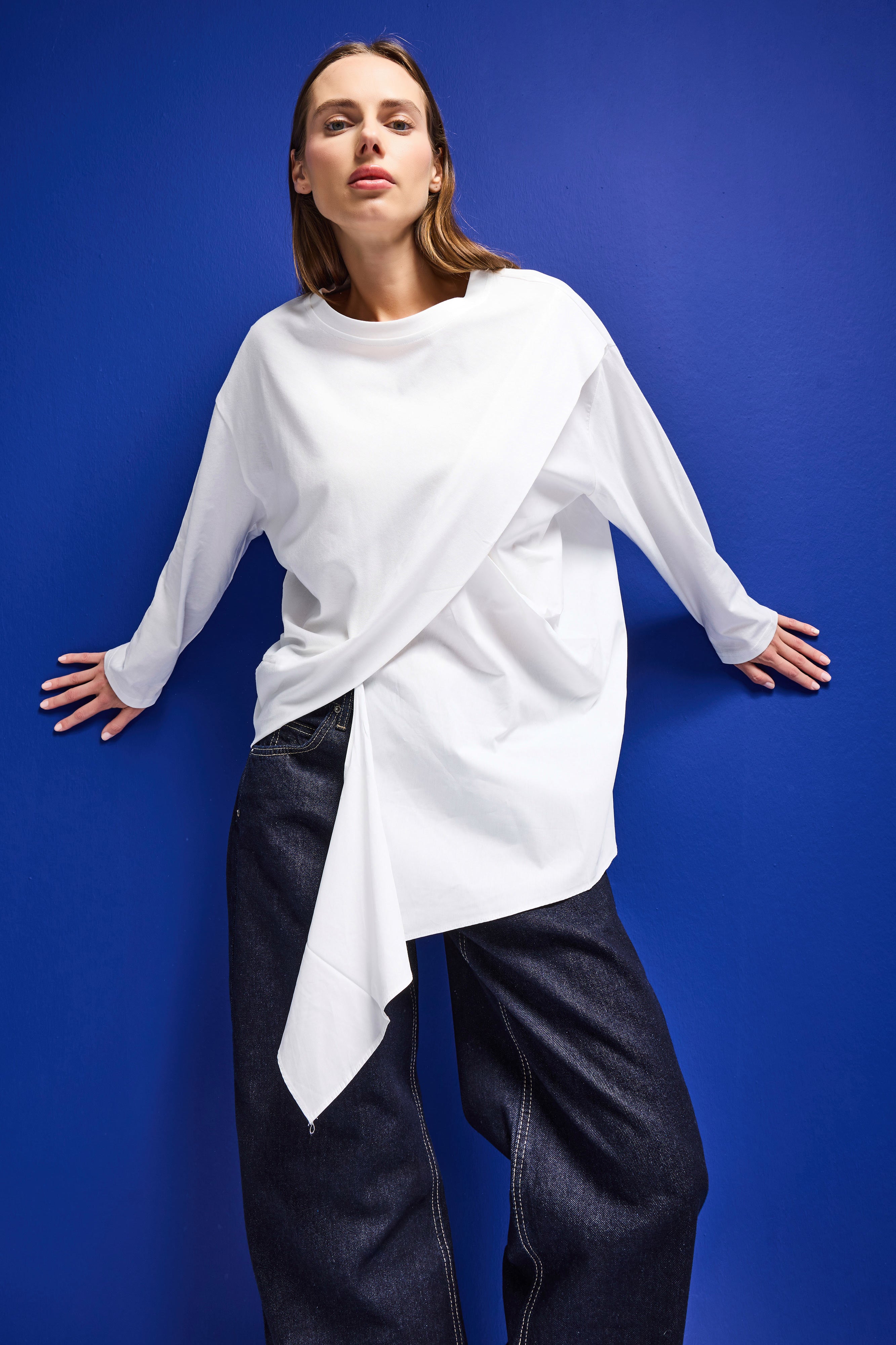 Kadın Beyaz w5 Oversize Çift Parça Tasarım Gömlek Sweatshirt