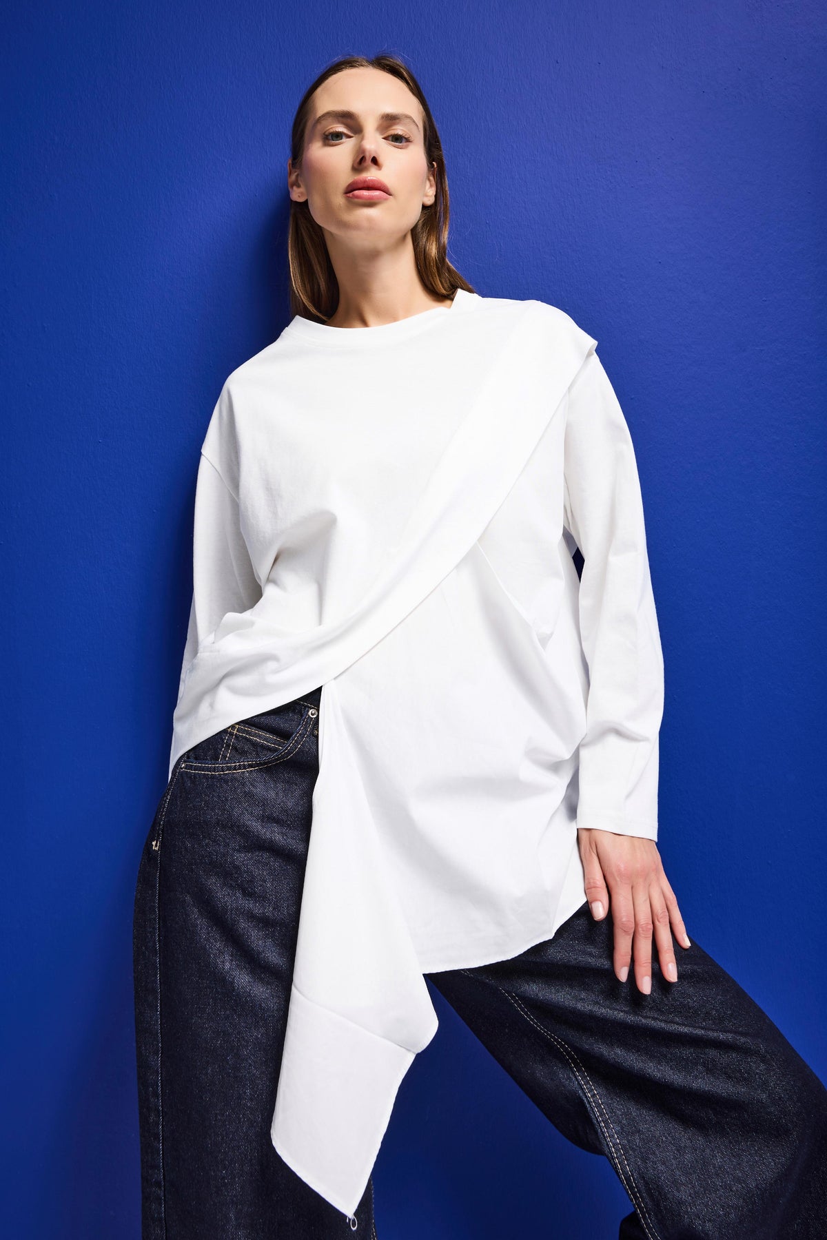 Women's White w5 Oversize Two-Piece Design Shirt Sweatshirt