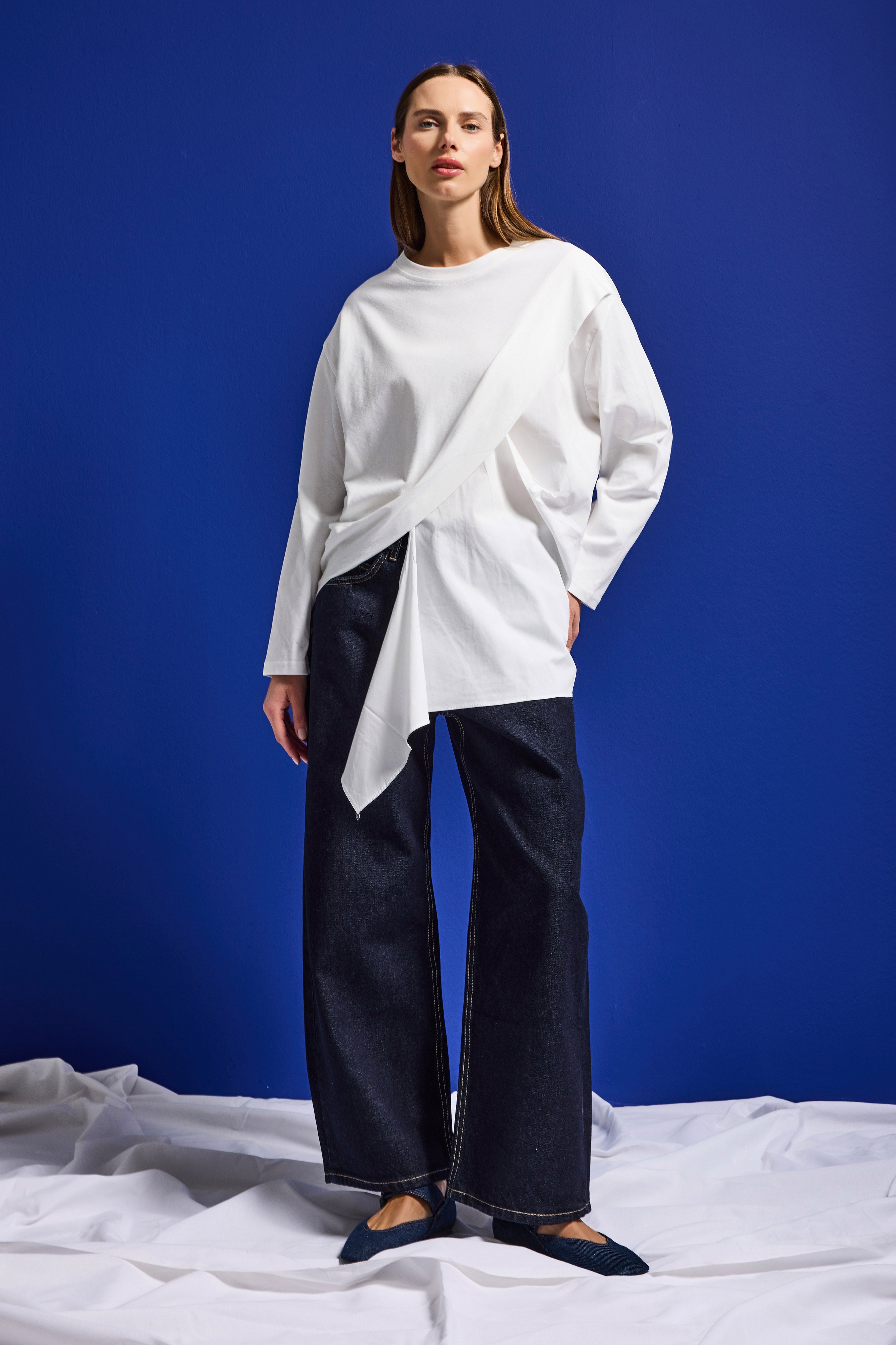 Women's White w5 Oversize Two-Piece Design Shirt Sweatshirt