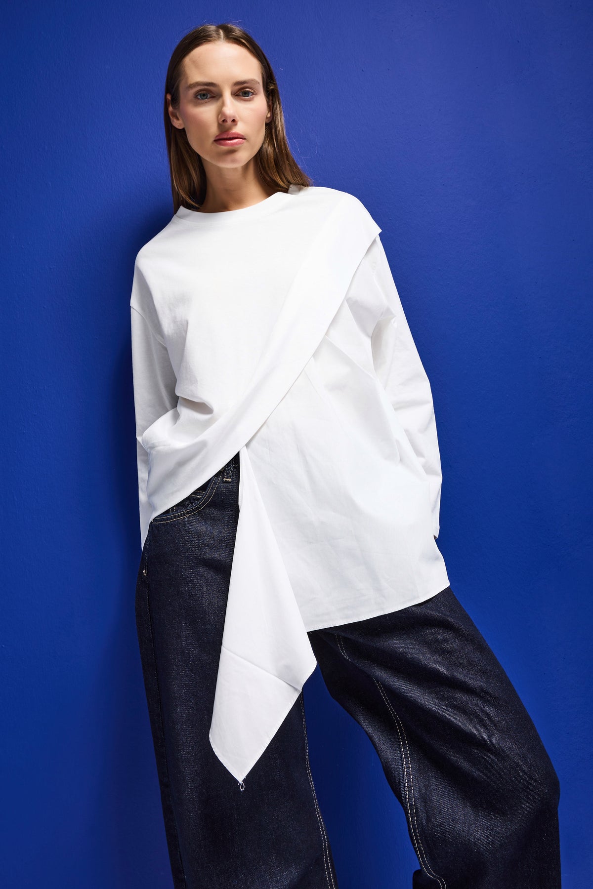 Women's White w5 Oversize Two-Piece Design Shirt Sweatshirt