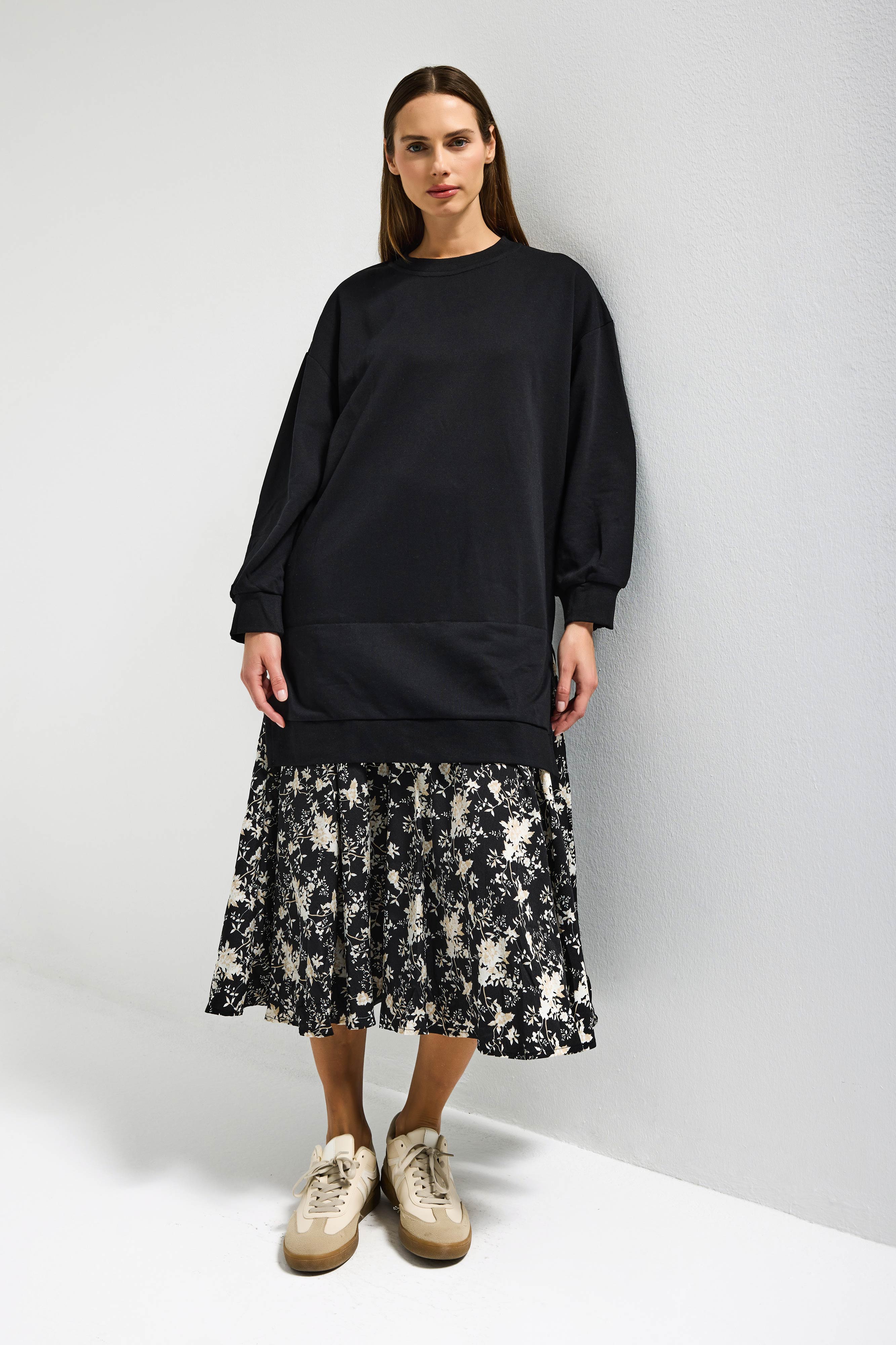 Women's Black w5 Sweatshirt Skirt One-Piece Design Dress