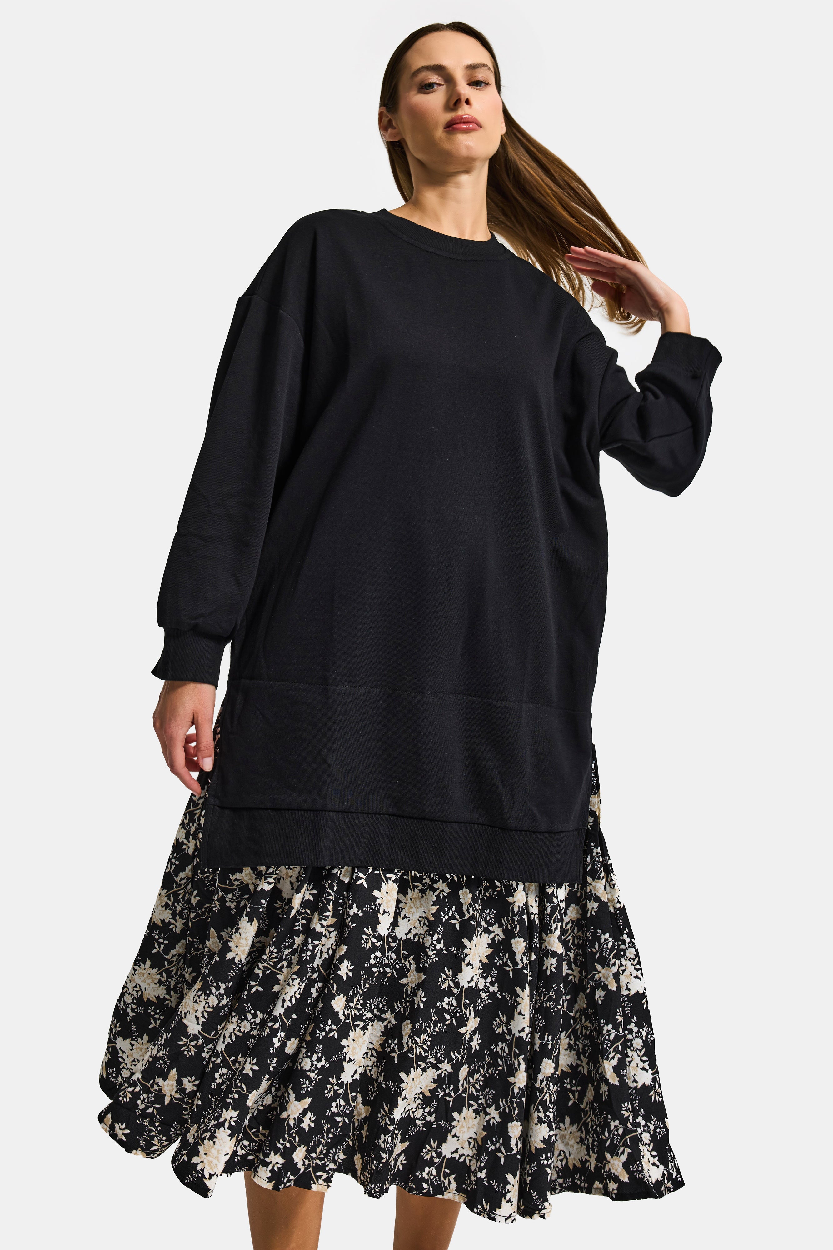 Women's Black w5 Sweatshirt Skirt One-Piece Design Dress
