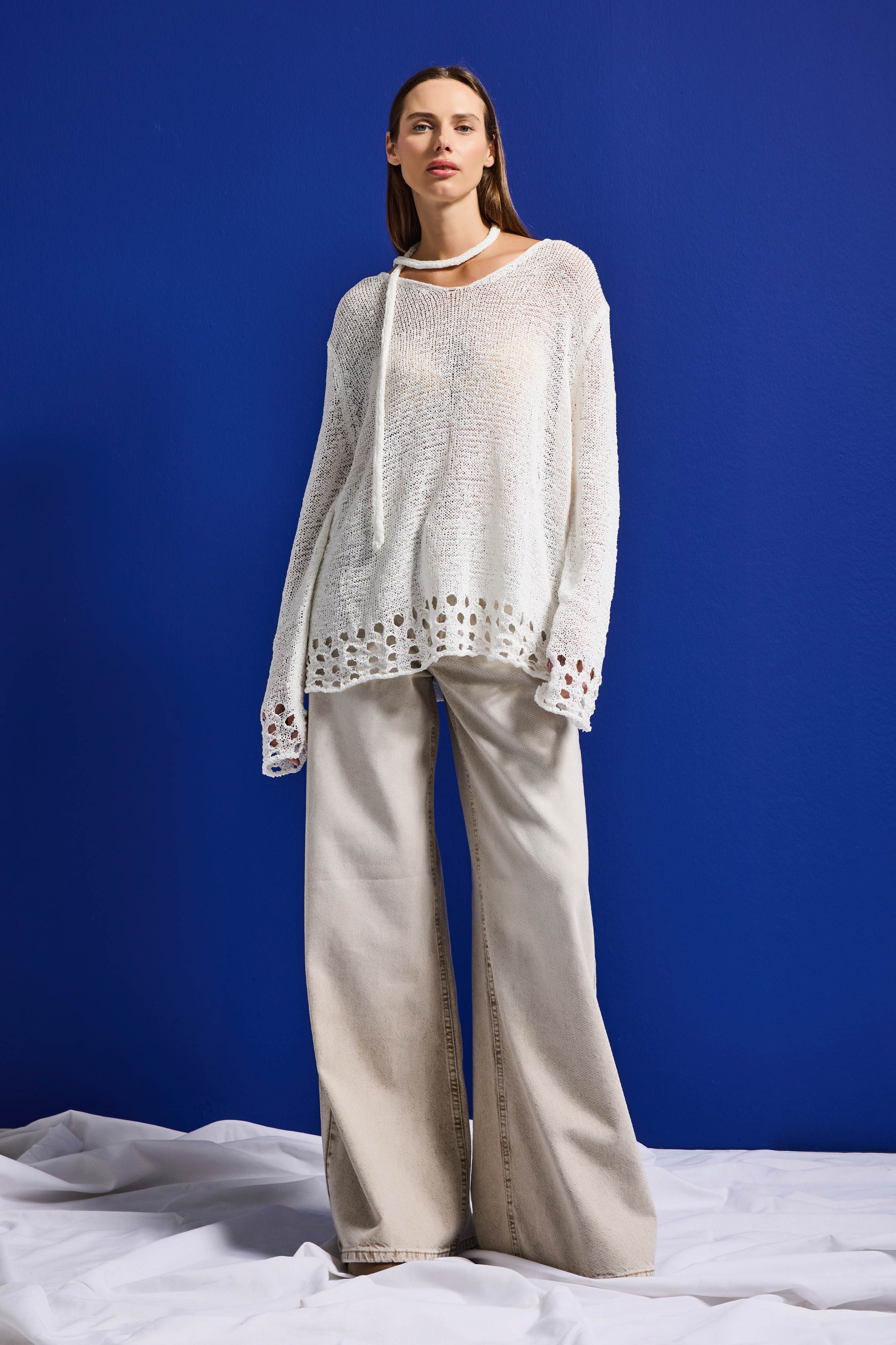 Kadın Beyaz w5 Oversize Özel Kumaş Tasarım Bol Kesim Triko