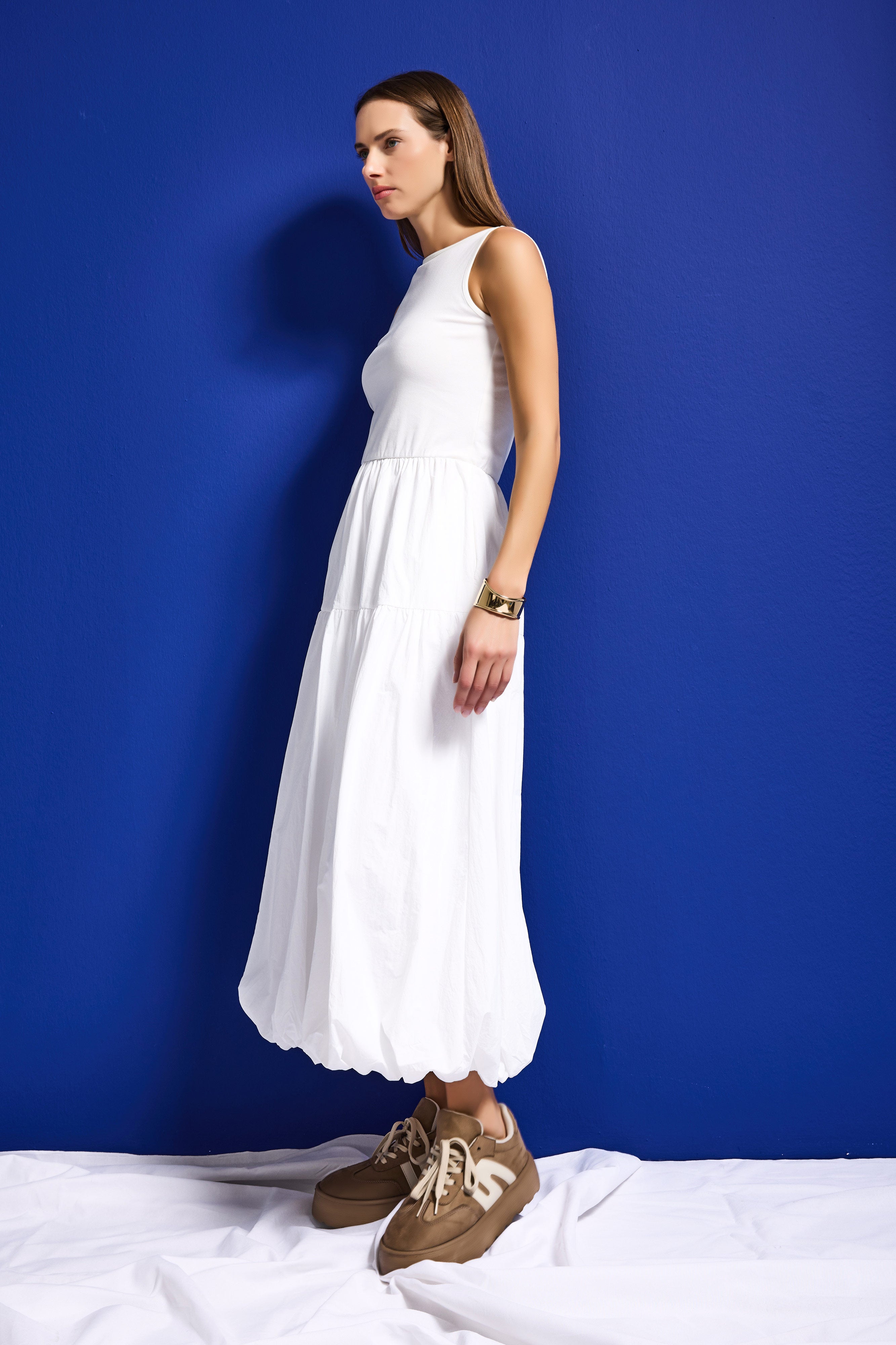 Kadın Beyaz w5 Balon Kesim %100 Organik Pamuk Tasarım Elbise