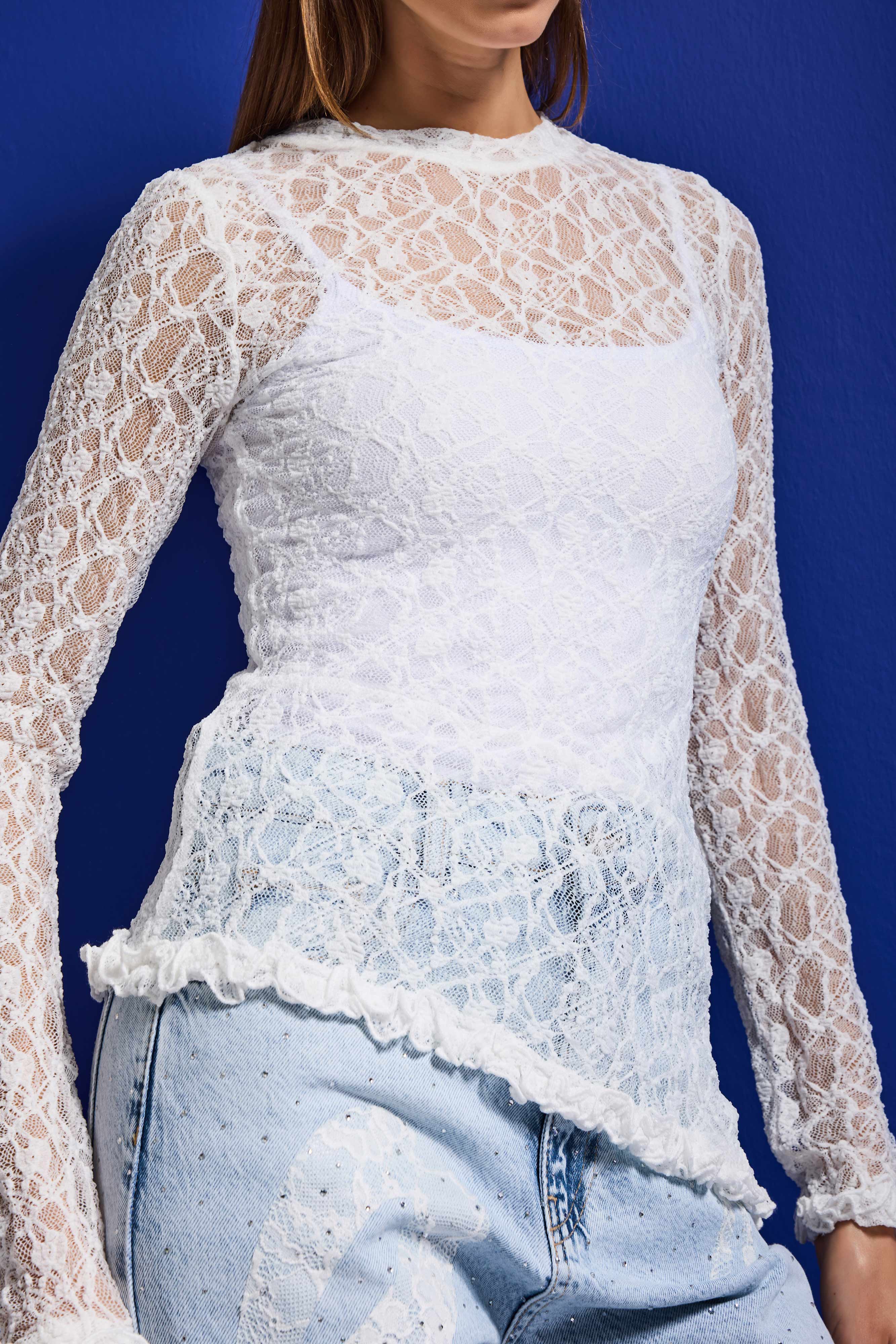 Kadın Beyaz w5 Asimetrik Kesim Özel Örgü Dantel Tasarım Transparan Yazlık Triko