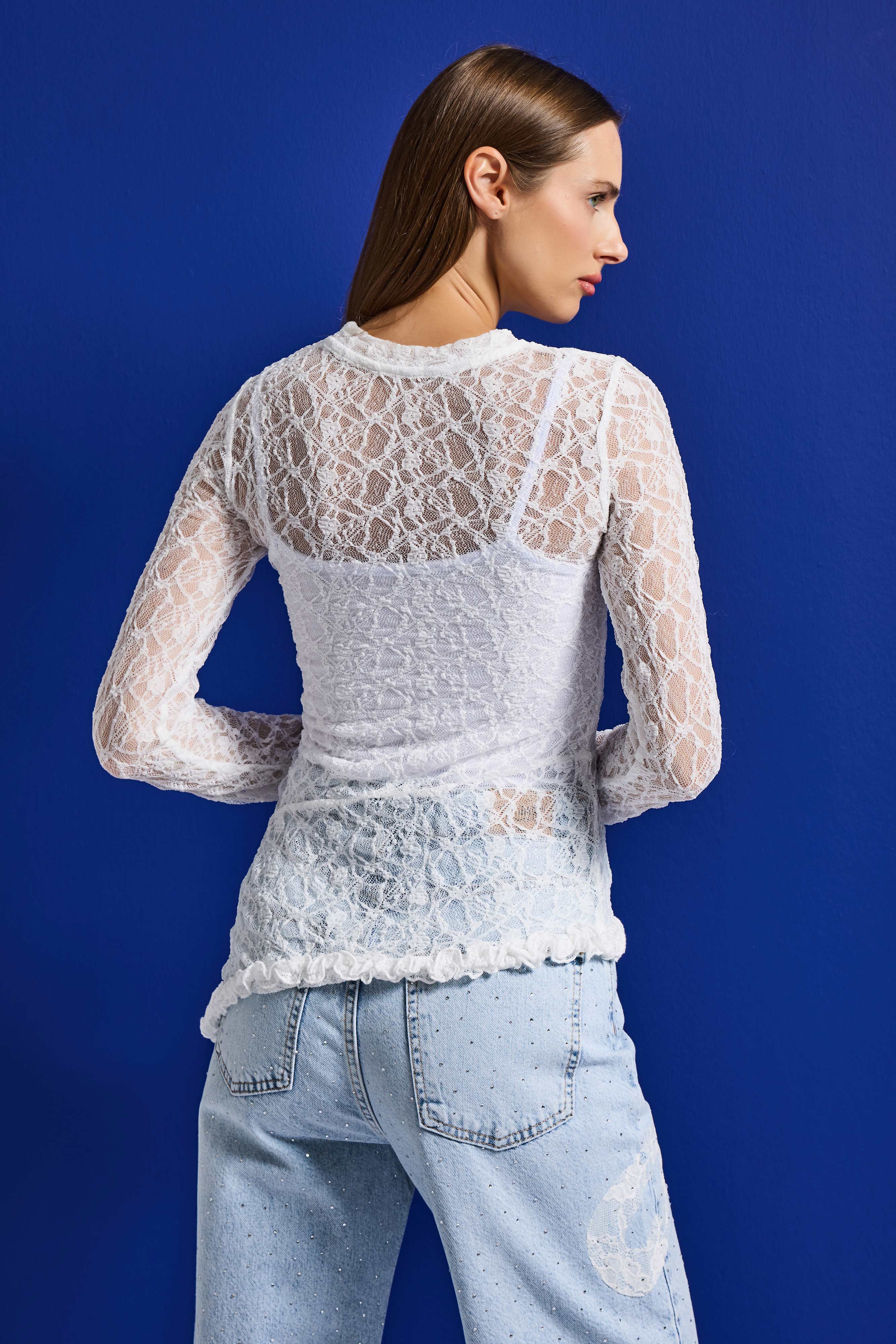 Kadın Beyaz w5 Asimetrik Kesim Özel Örgü Dantel Tasarım Transparan Yazlık Triko