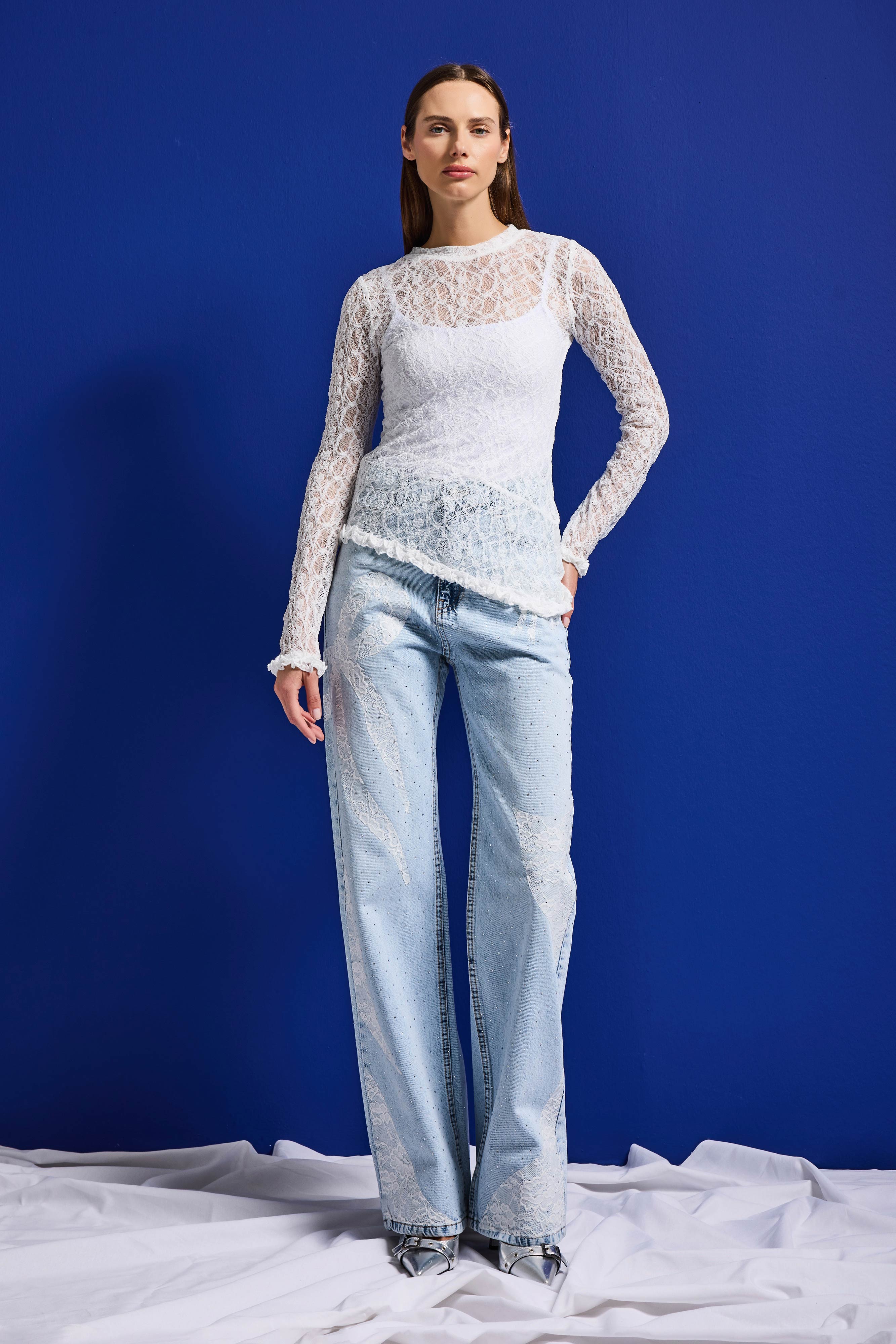 Kadın Beyaz w5 Asimetrik Kesim Özel Örgü Dantel Tasarım Transparan Yazlık Triko