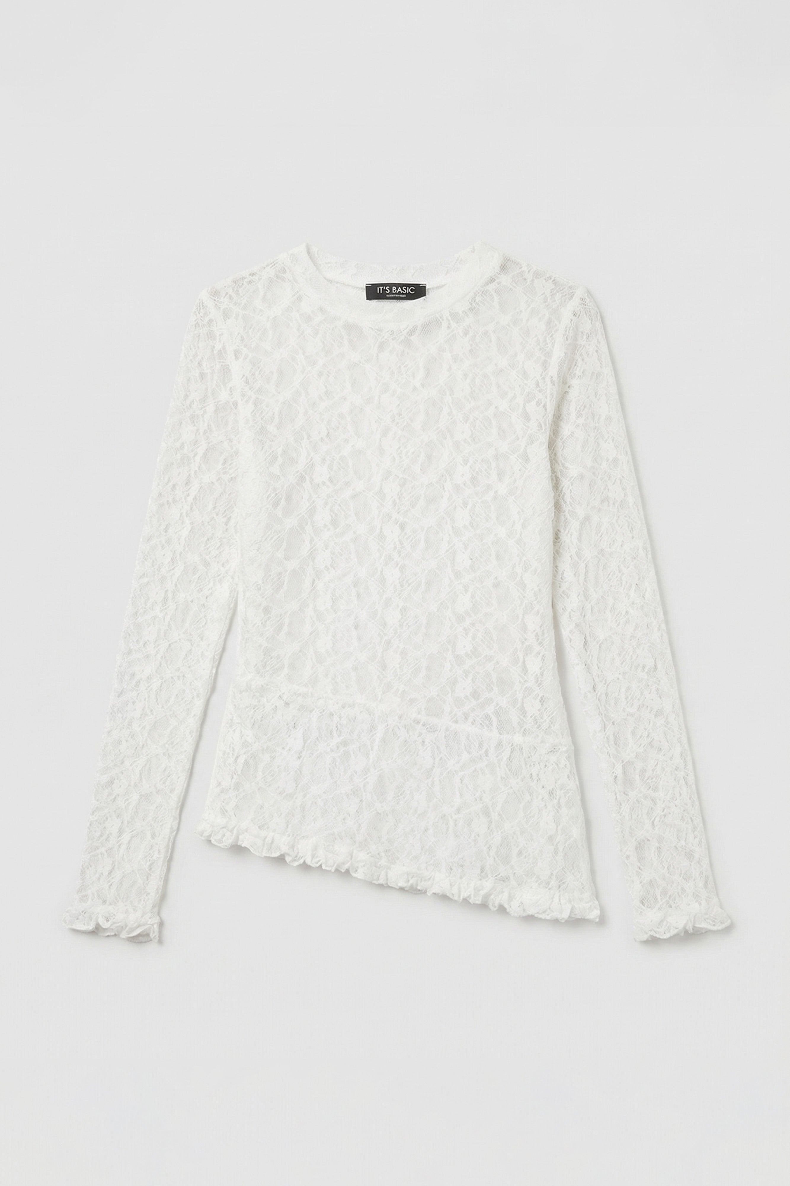 Kadın Beyaz w5 Asimetrik Kesim Özel Örgü Dantel Tasarım Transparan Yazlık Triko