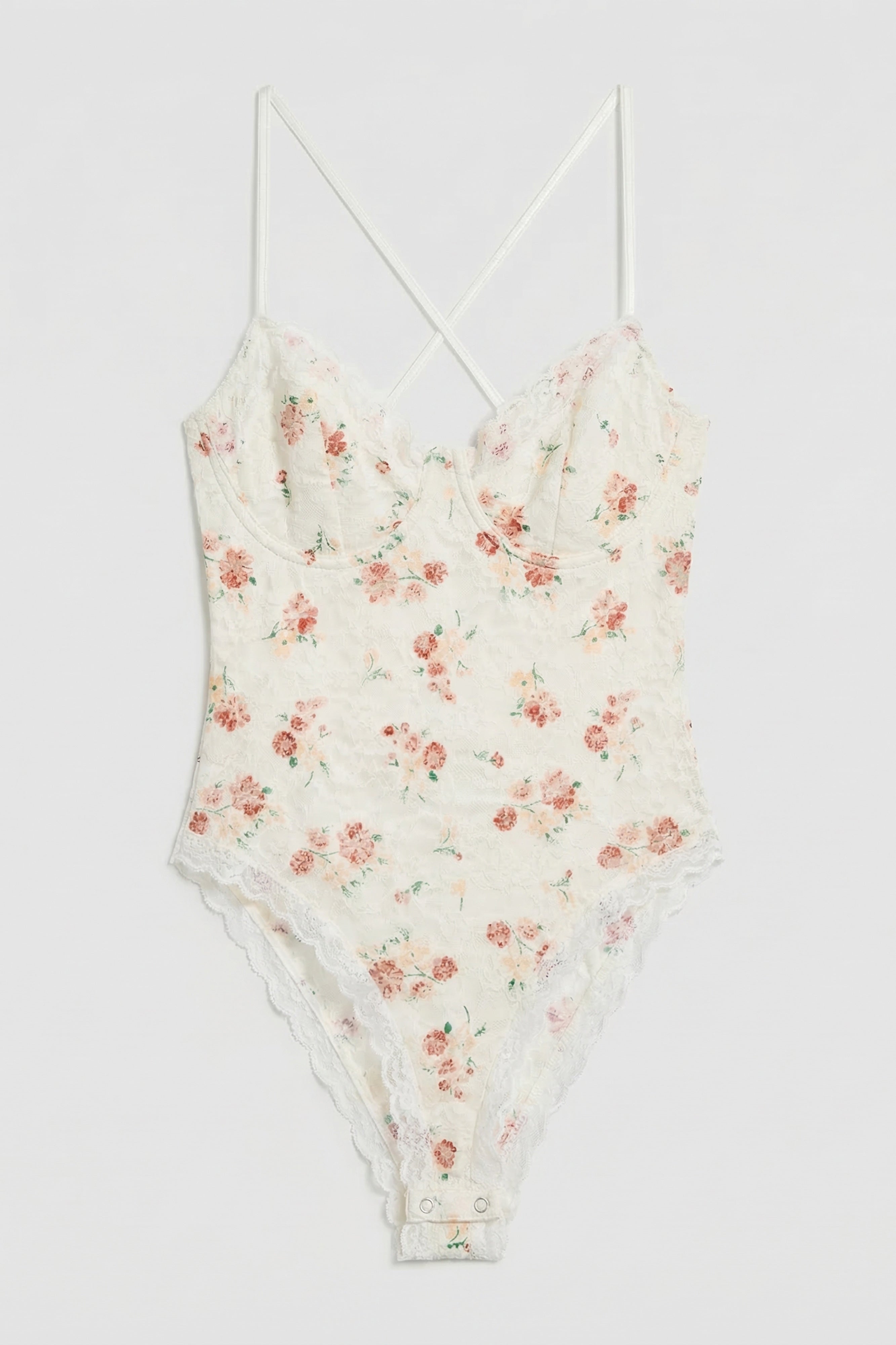 Women's Floral Print w5 Lace Detail Strappy Custom Designed Snap Bodysuit