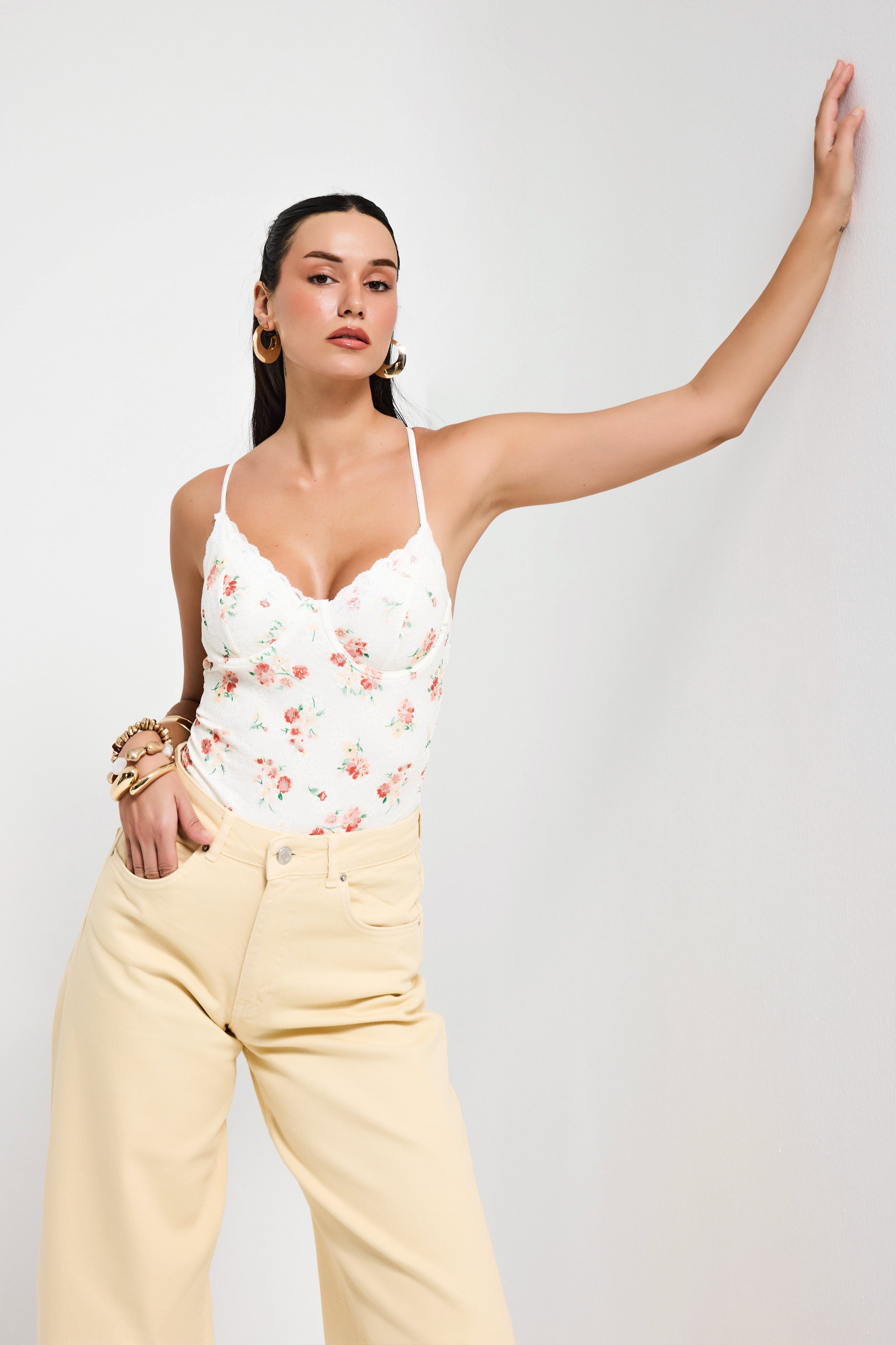 Women's Floral Print w5 Lace Detail Strappy Custom Designed Snap Bodysuit