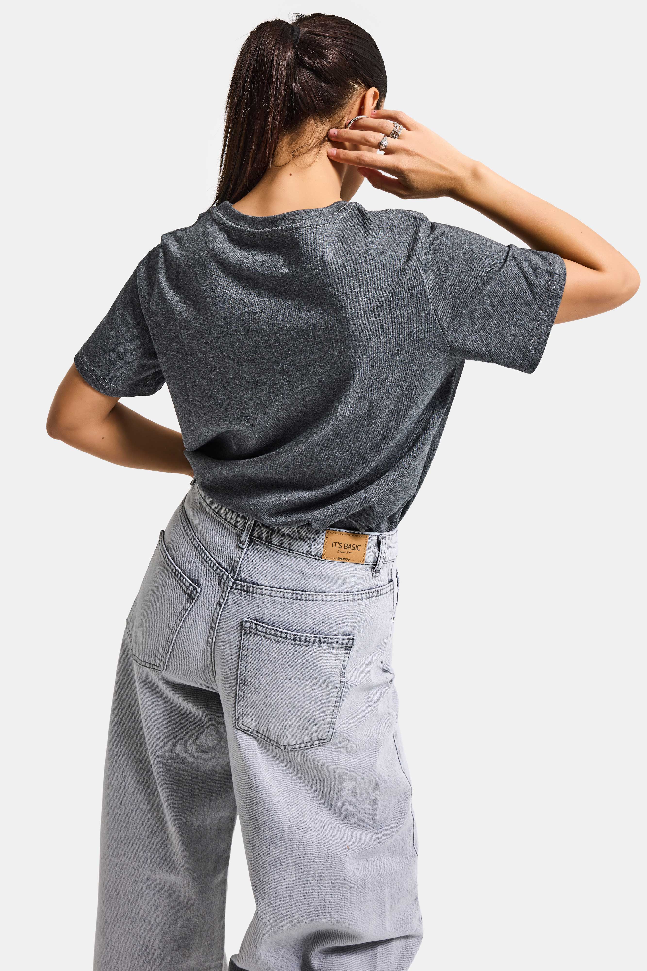 Kadın Gri w5 Oversize Baskılı %100 Pamuk T-Shirt