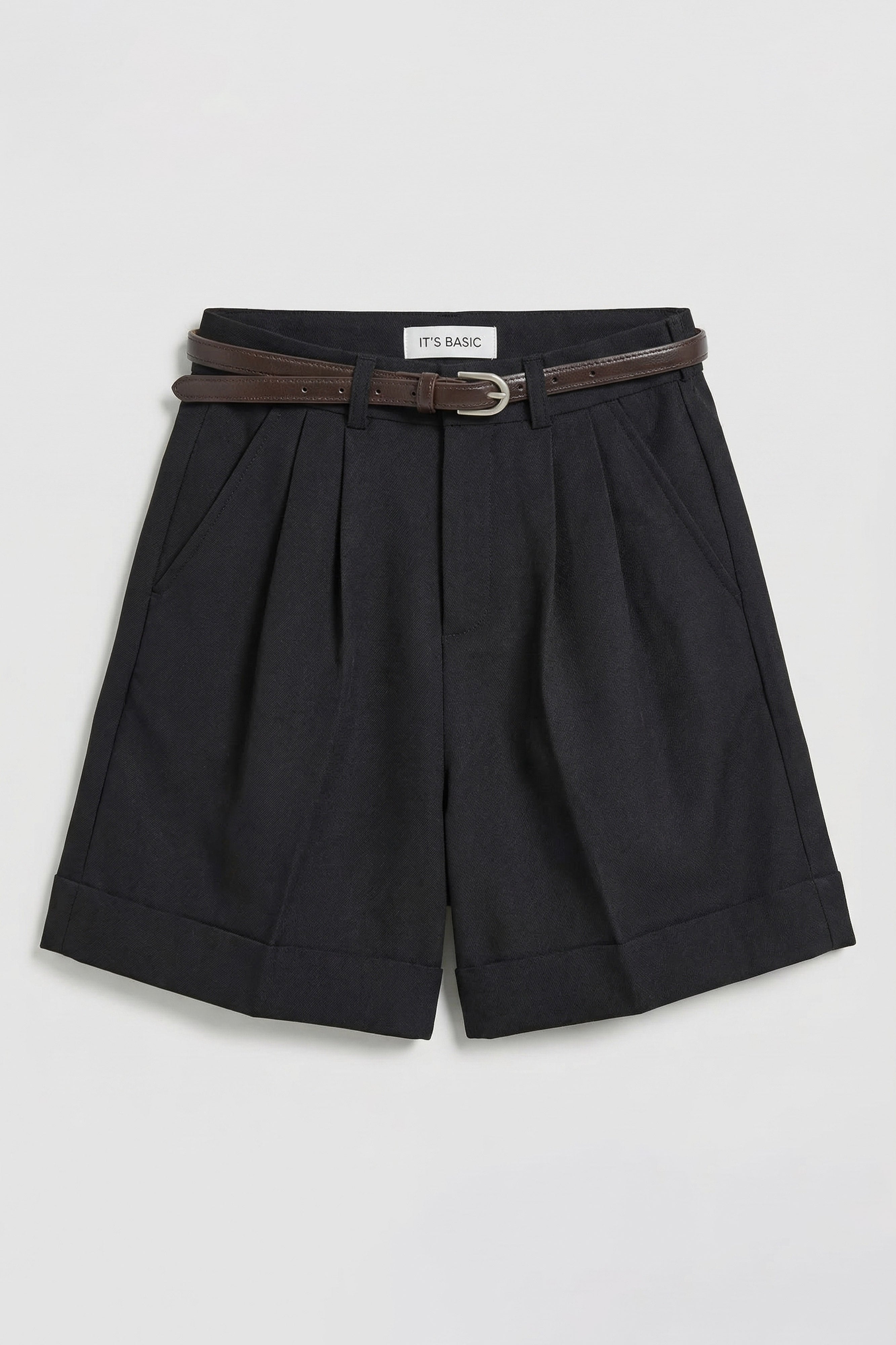 Kadın Siyah w5 Kemerli Pileli Organik Koton Kumaş Midi Boy Şort