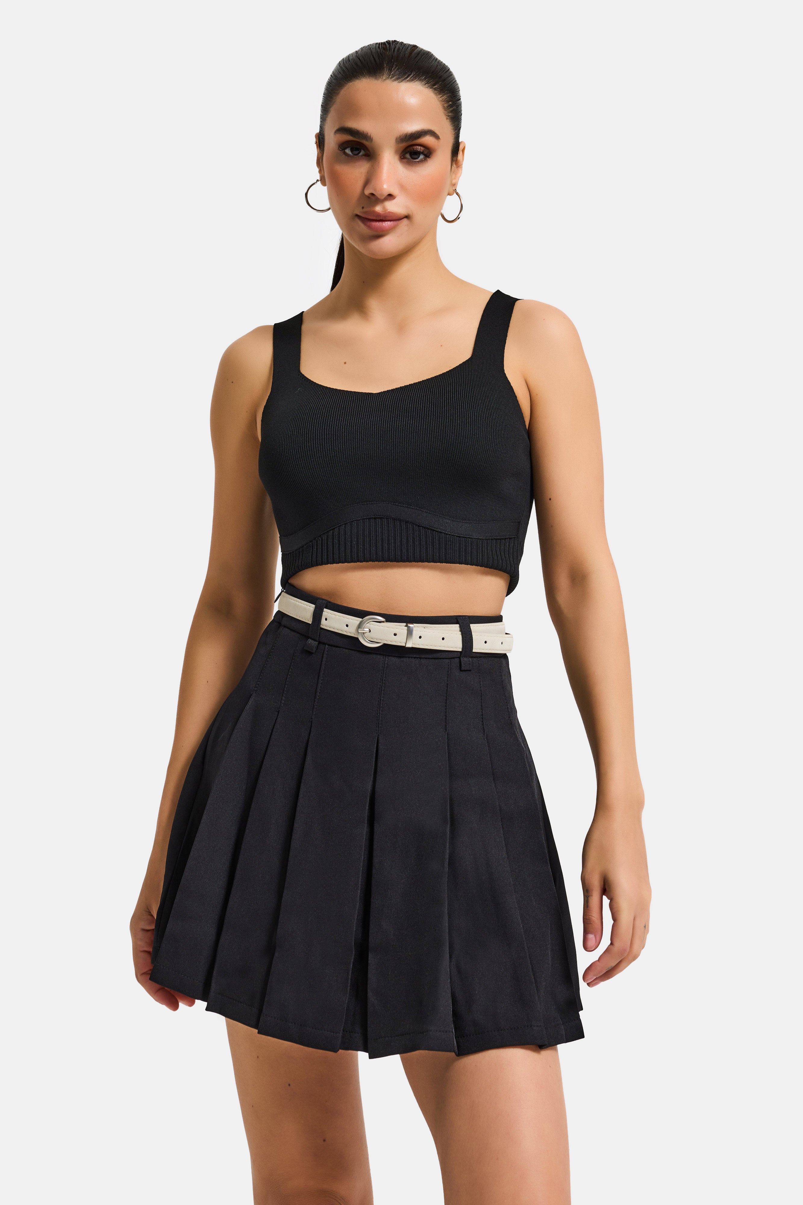 Kadın Siyah w5 Kemerli Pileli Organik Koton Kumaş İçi Şortlu Mini Etek