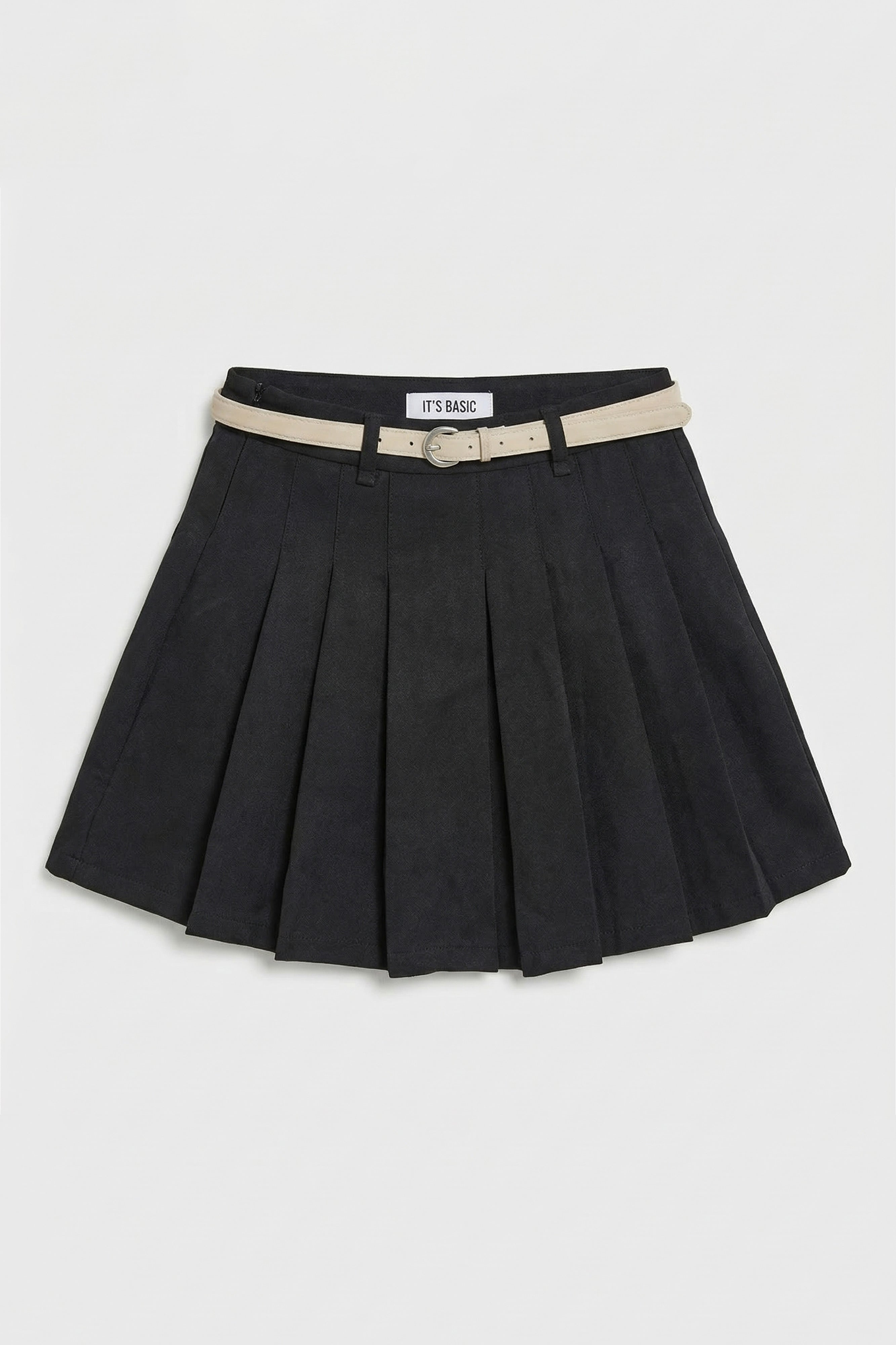 Women's Black w5 Belted Pleated Organic Cotton Fabric Mini Skirt with Inner Shorts