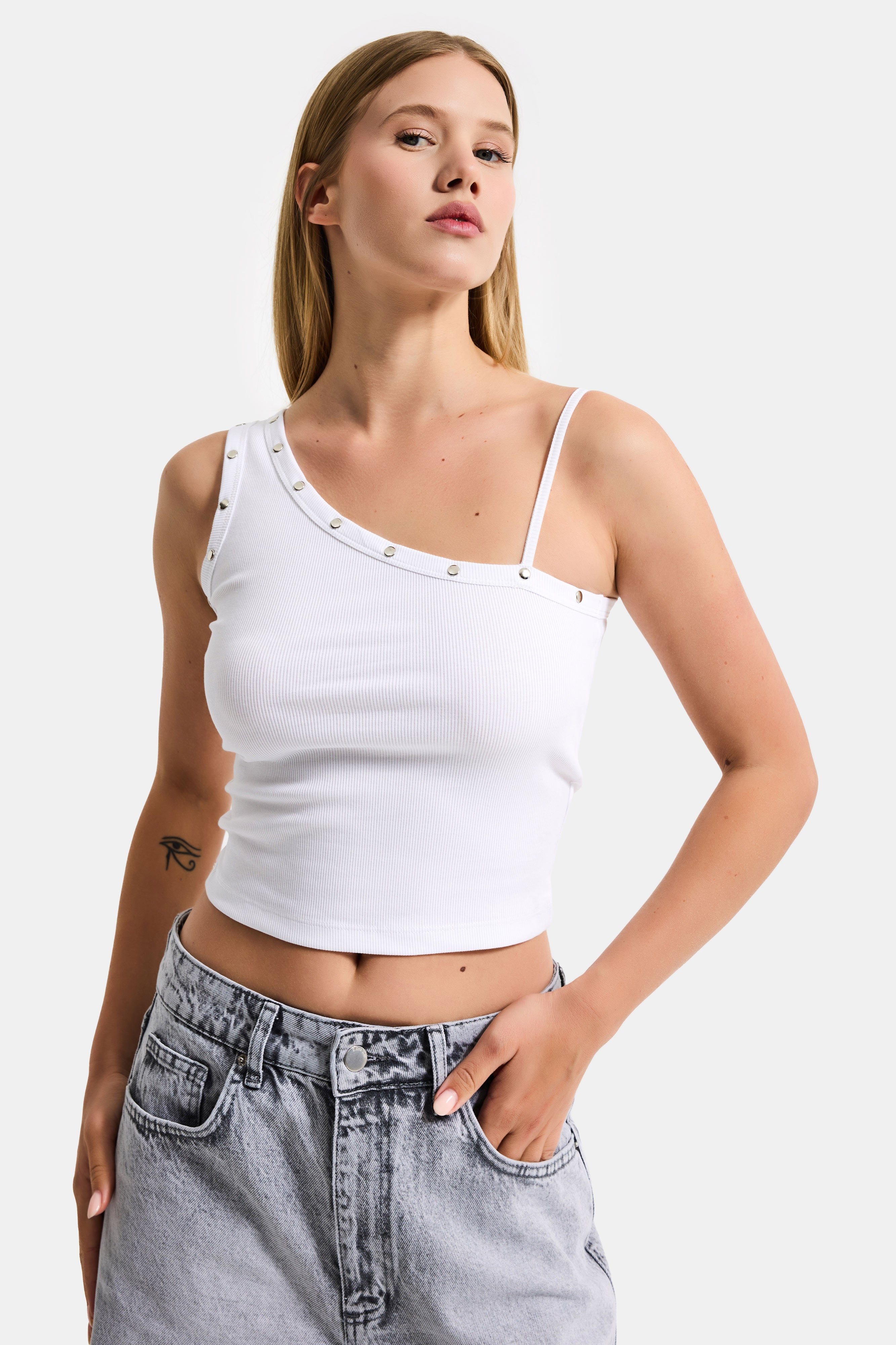 Kadın Beyaz w5 Drop Detaylı Tek Kol Askılı Özel Elastan Kumaş Body
