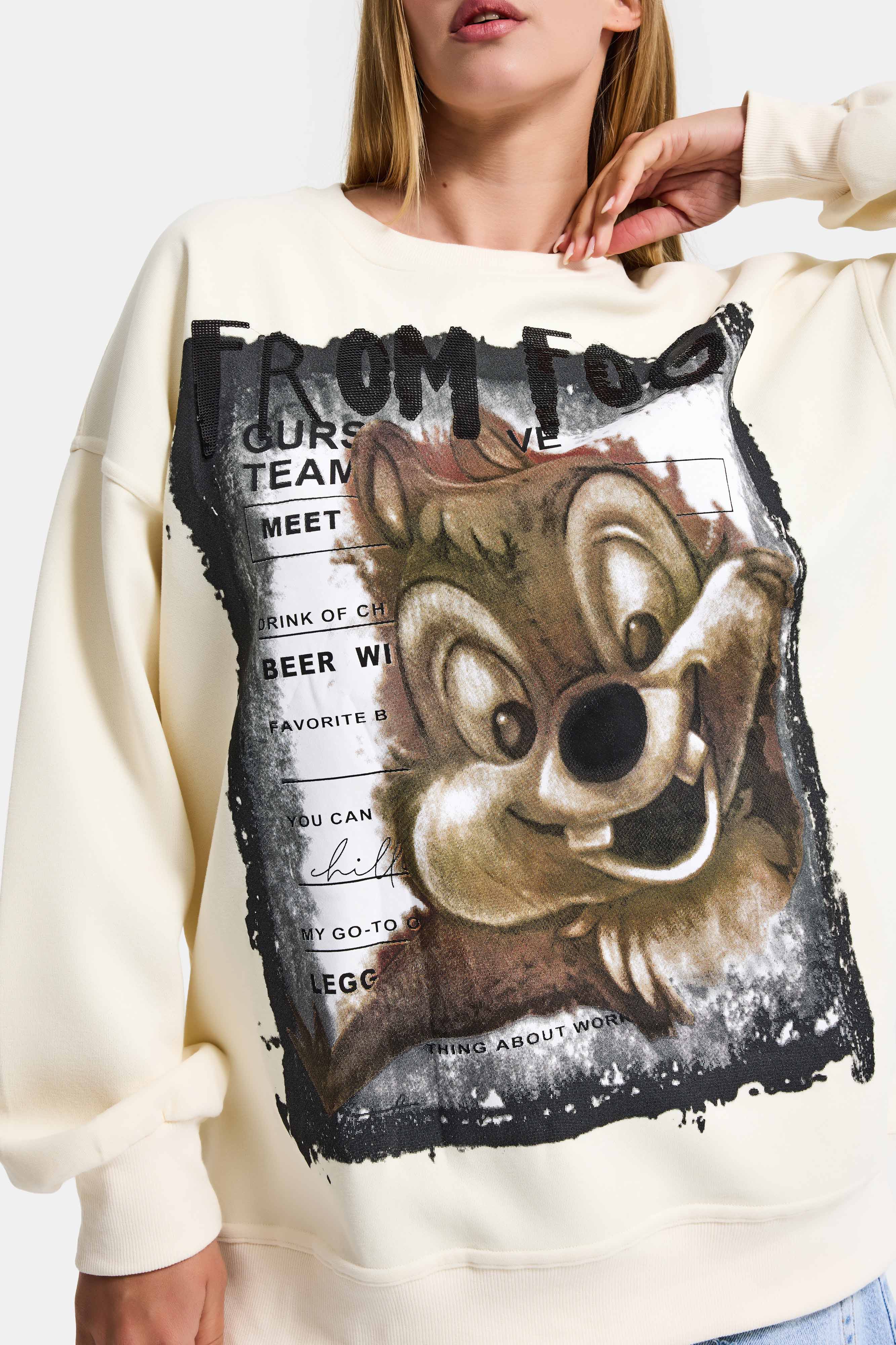 Kadın Ekru w5 Oversize Baskılı %100 Koton Organik Kumaş Sweatshirt