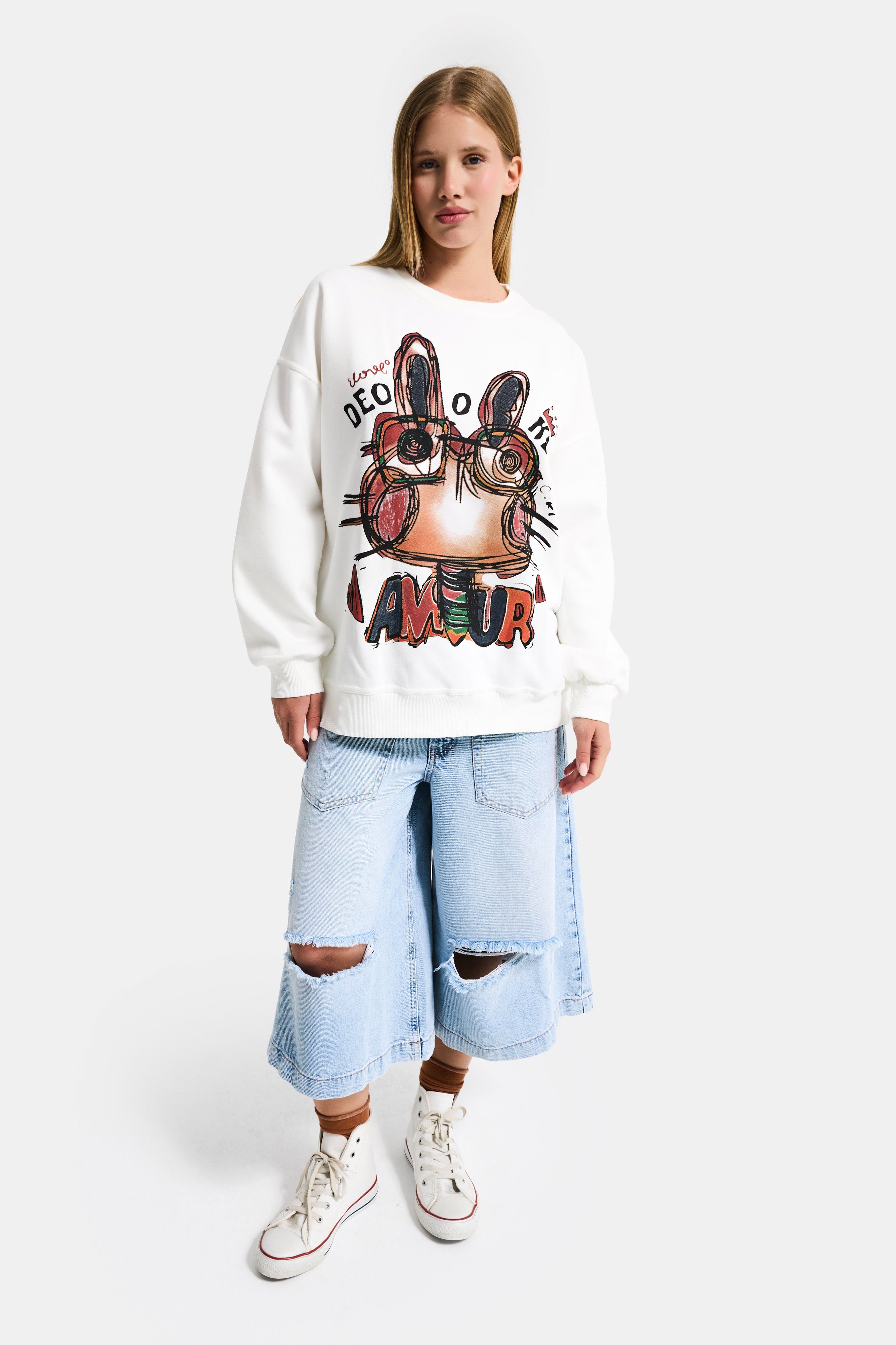 Kadın Beyaz w5 Oversize Baskılı %100 Koton Organik Kumaş Sweatshirt