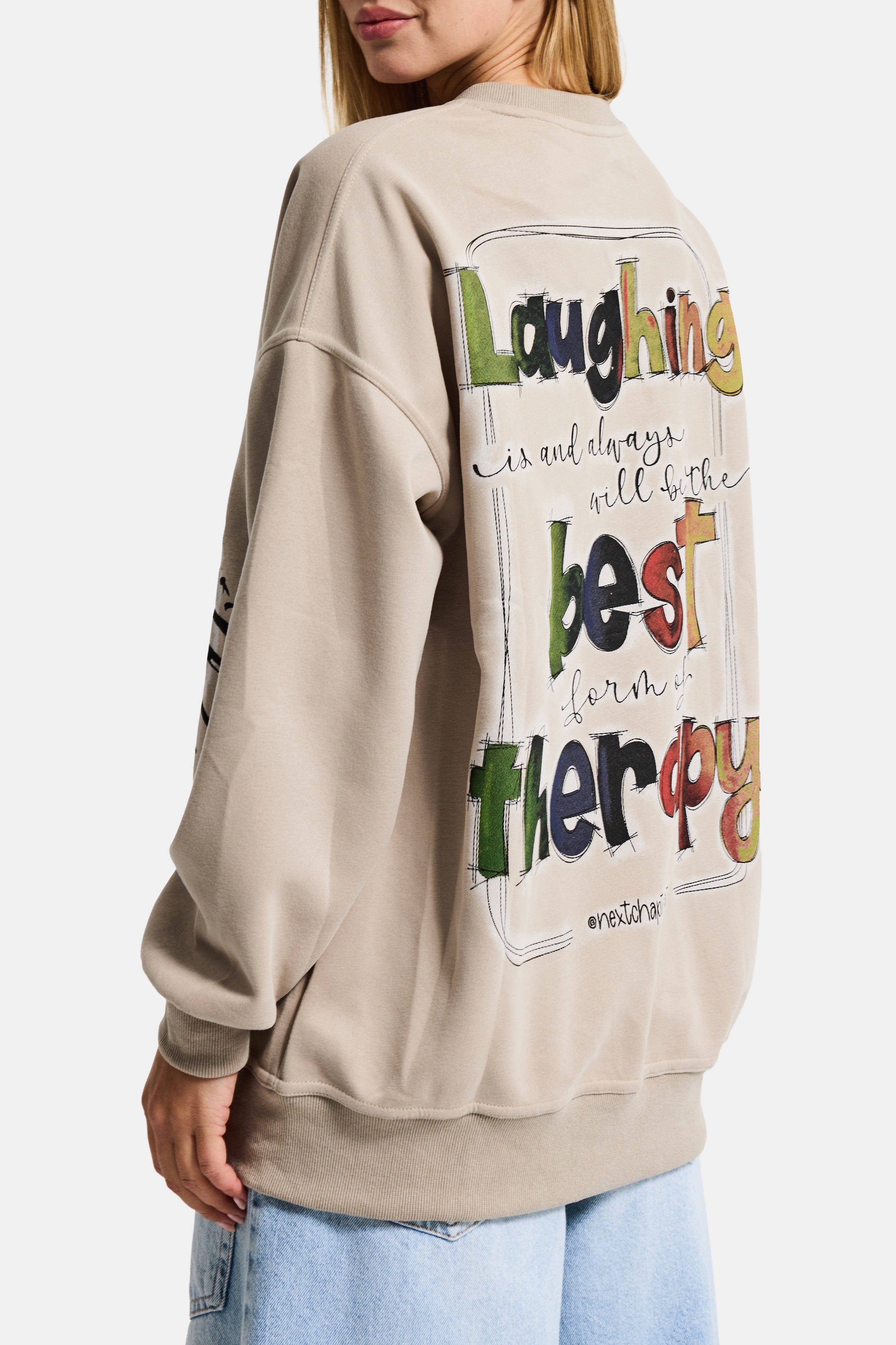 Kadın Ekru Bej w5 Oversize Baskılı %100 Koton Organik Kumaş Sweatshirt