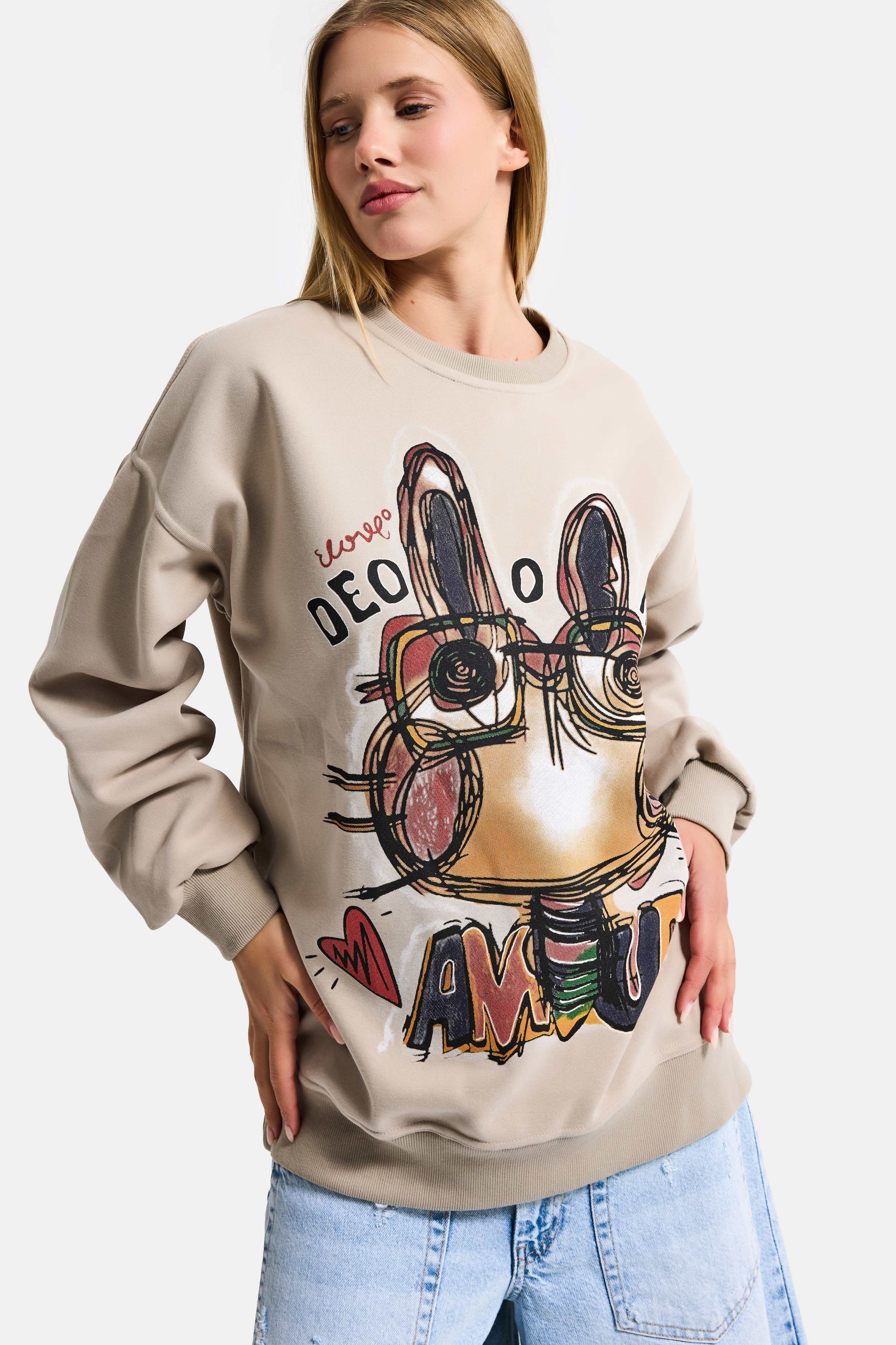 Kadın Ekru Bej w5 Oversize Baskılı %100 Koton Organik Kumaş Sweatshirt
