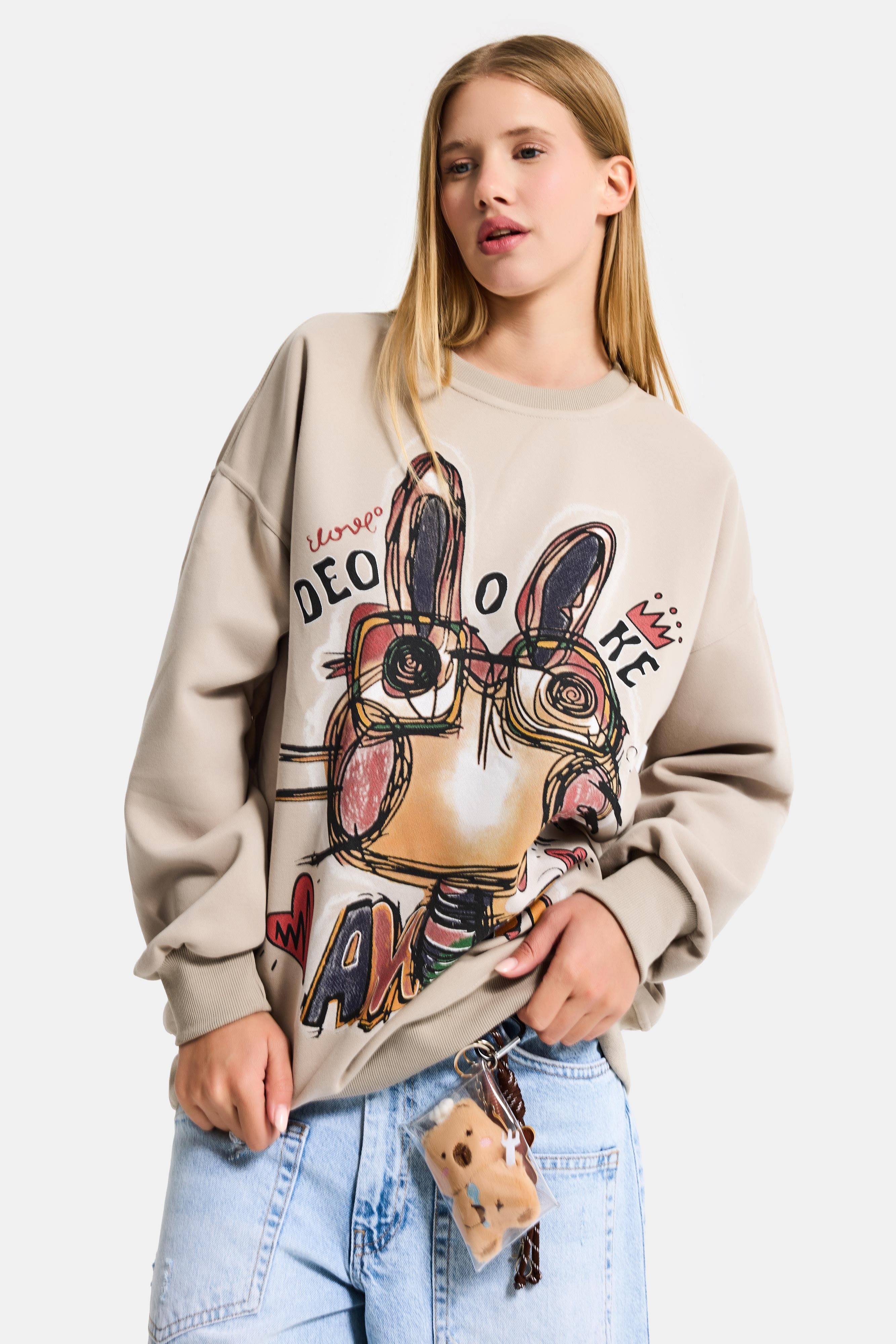 Kadın Ekru Bej w5 Oversize Baskılı %100 Koton Organik Kumaş Sweatshirt