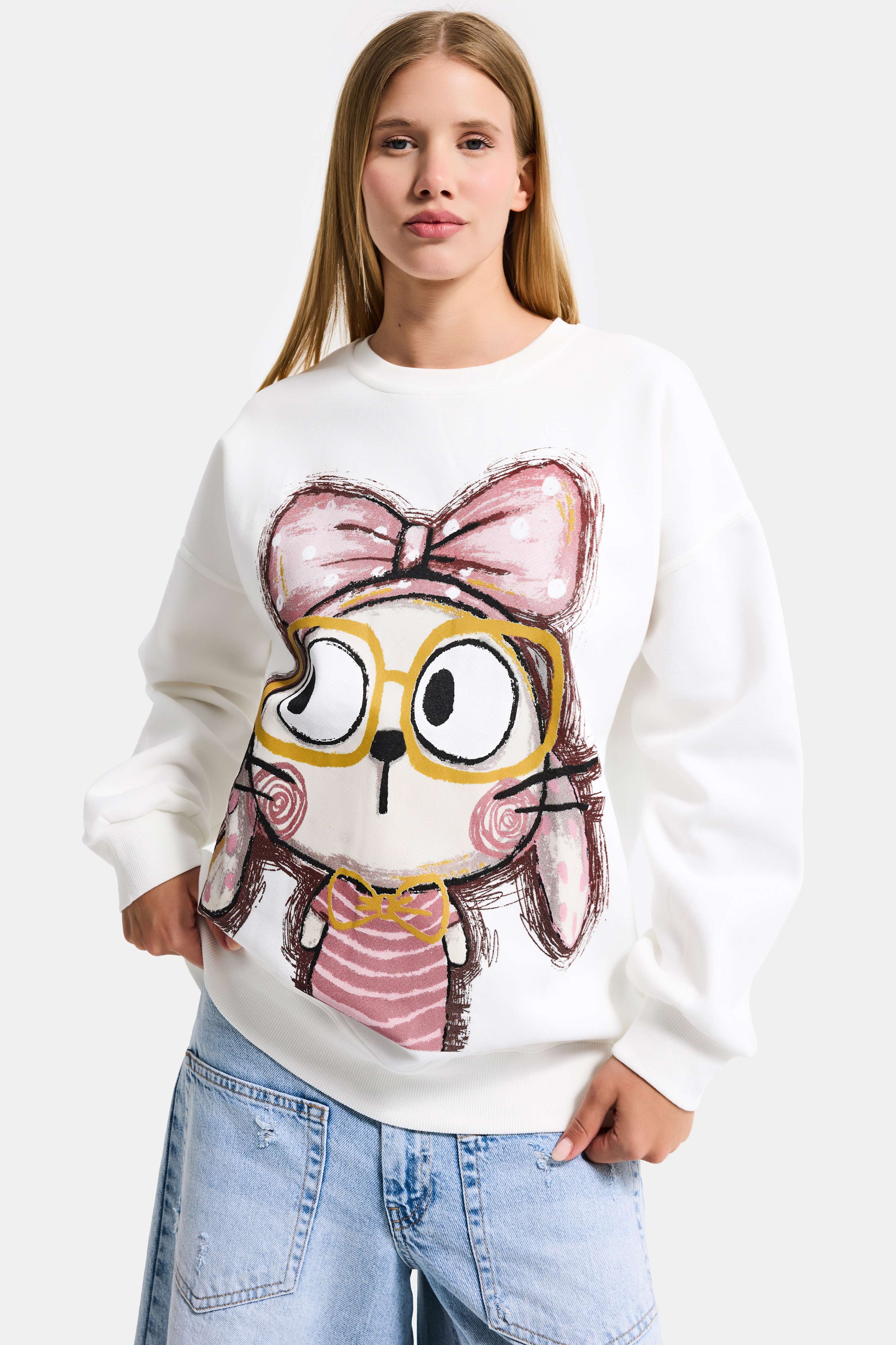 Women's White W5 Oversized Printed 100% Cotton Organic Fabric Sweatshirt