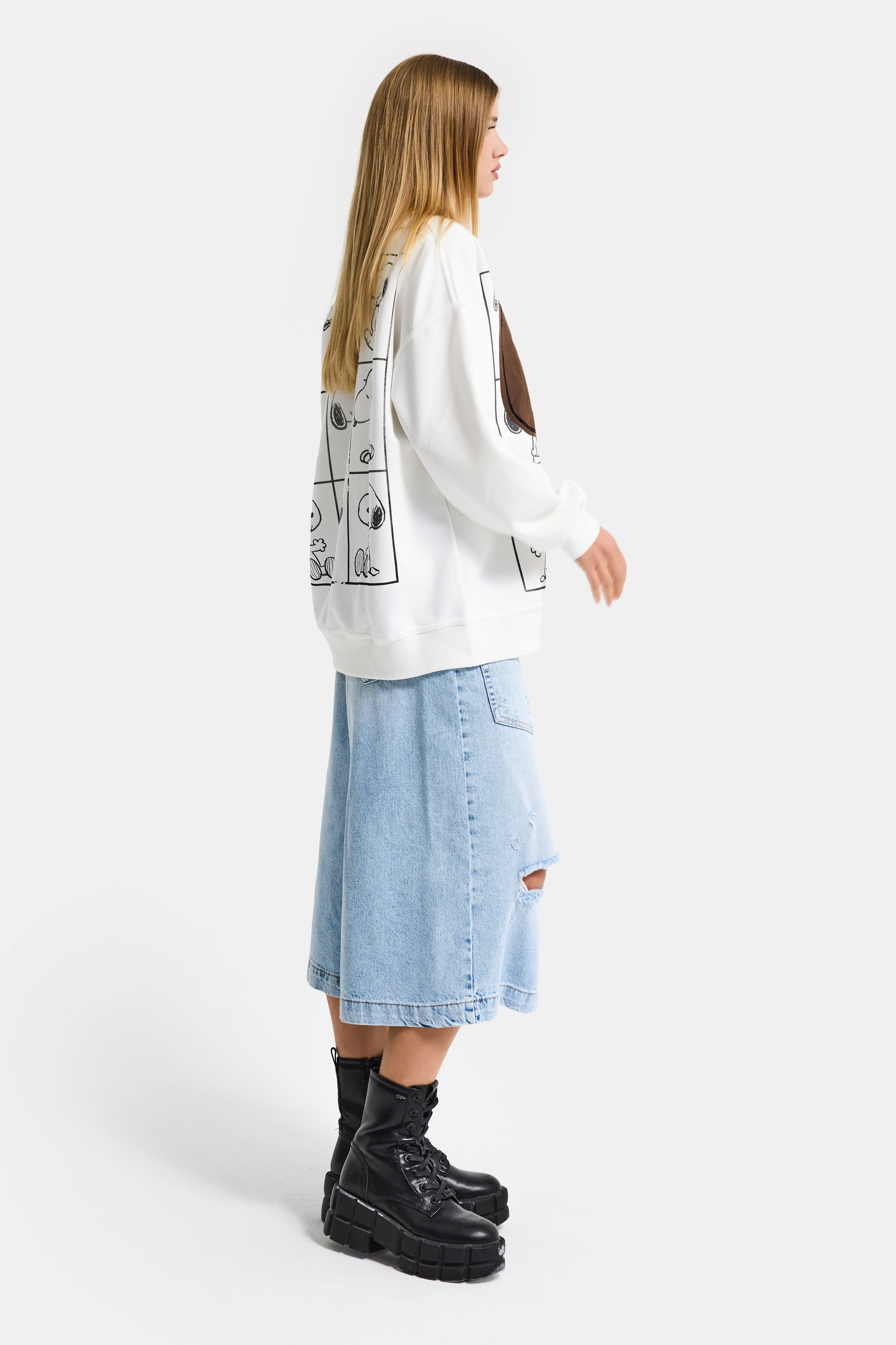 Kadın Beyaz w5 Oversize Baskılı %100 Koton Organik Kumaş Sweatshirt
