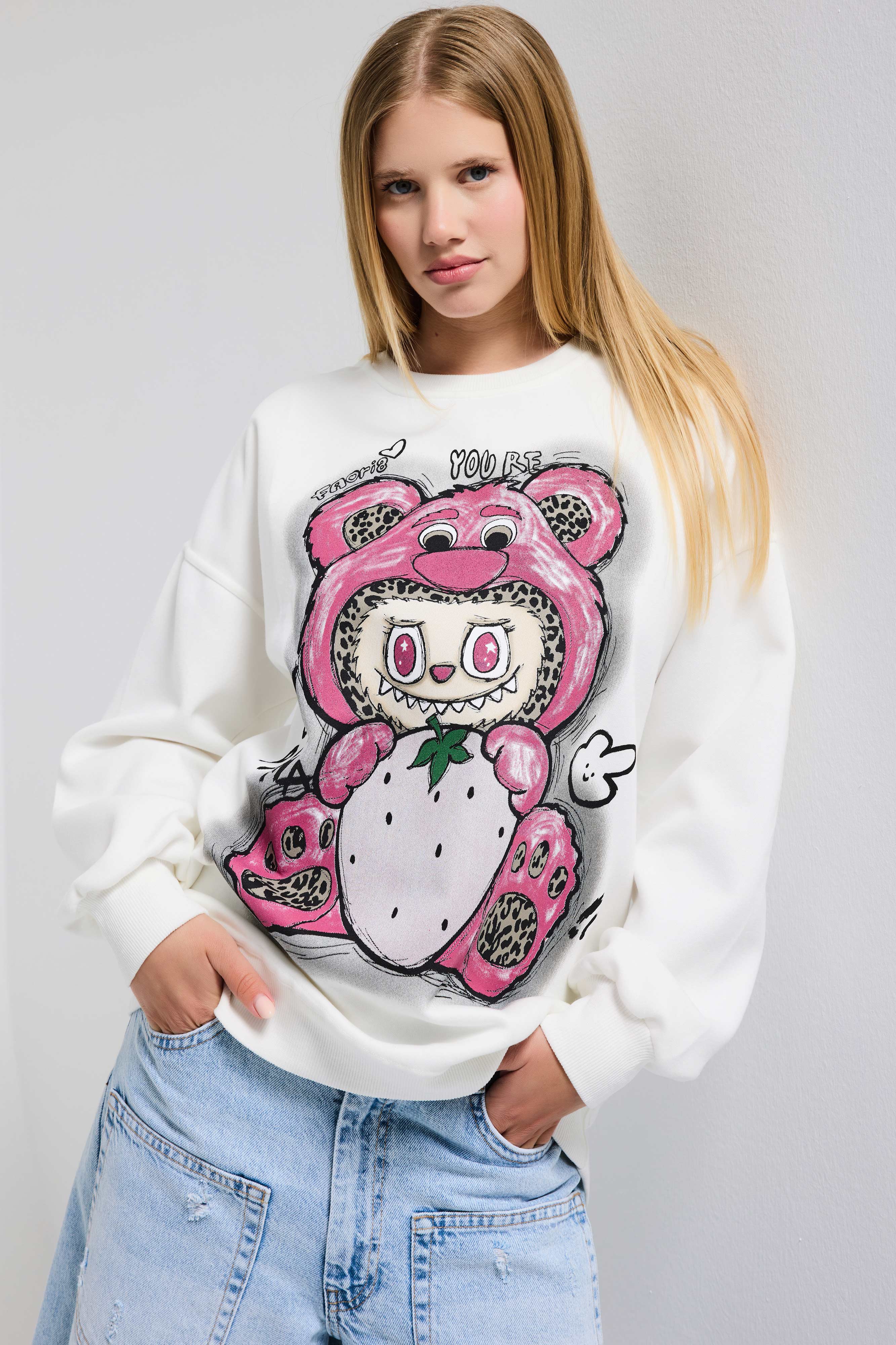 Kadın Beyaz w5 Oversize Baskılı %100 Koton Organik Kumaş Sweatshirt