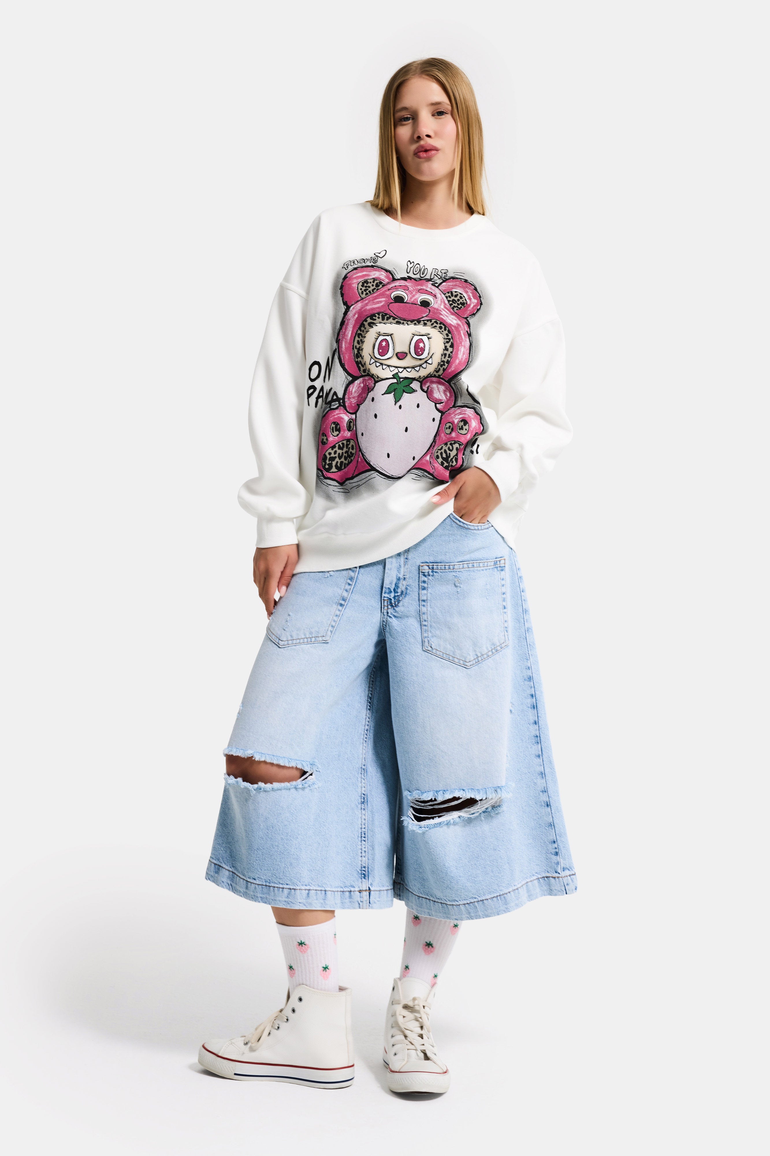 Kadın Beyaz w5 Oversize Baskılı %100 Koton Organik Kumaş Sweatshirt