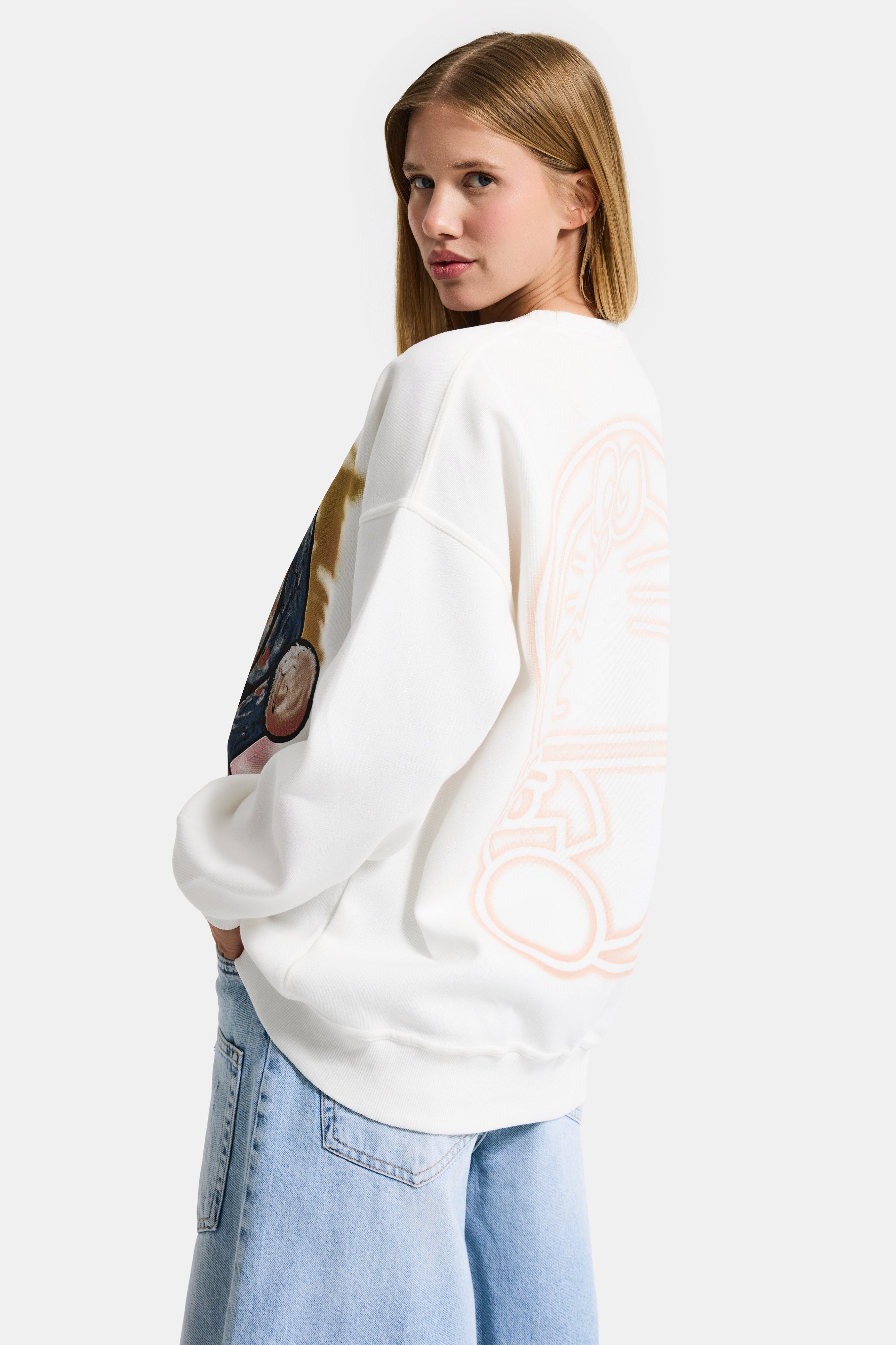Women's White w5 Oversize Printed 100% Cotton Organic Fabric Sweatshirt