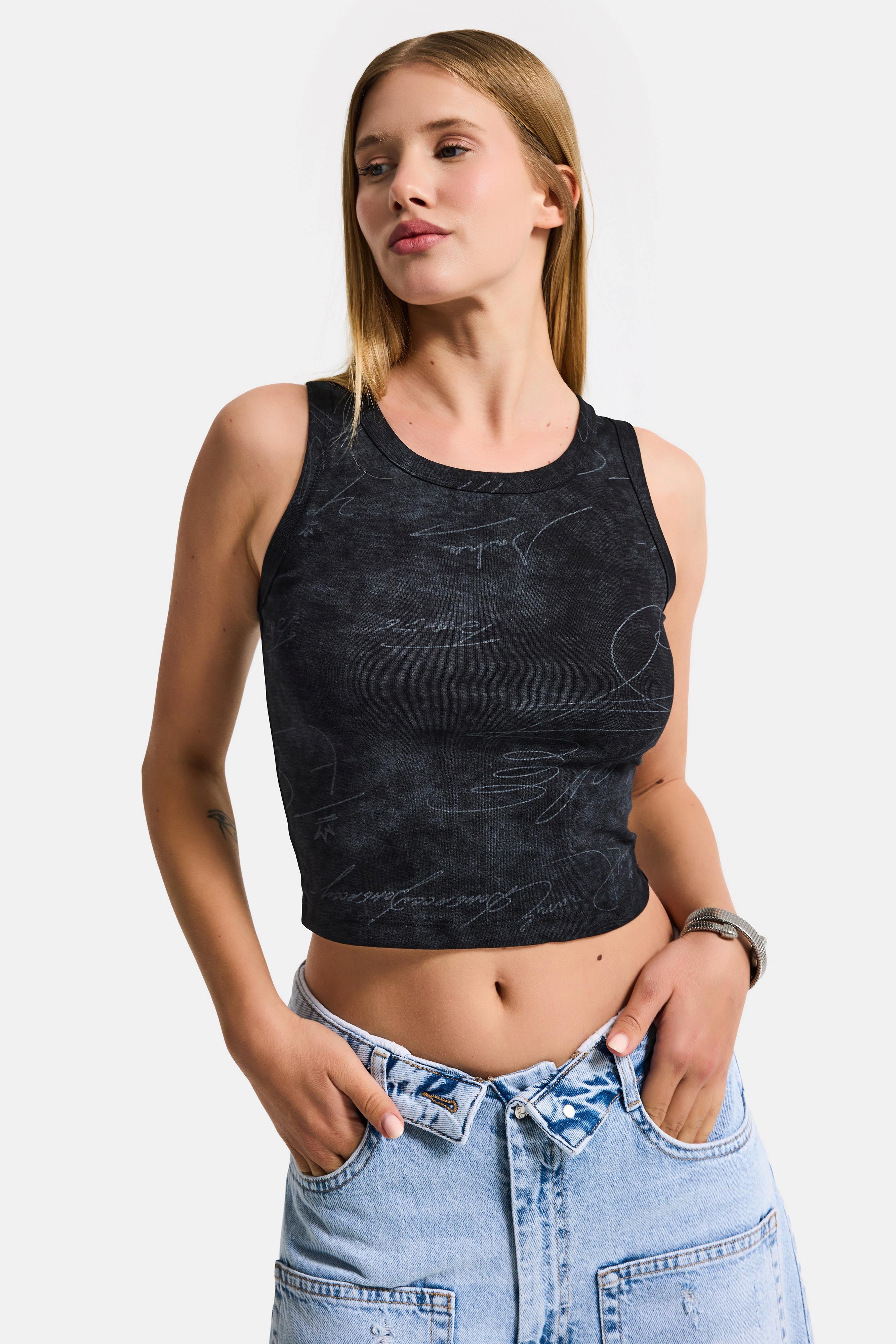 Kadın Siyah Antrasit w5 Crop Özel Baskılı Yıkamalı Kumaş Tasarım Body