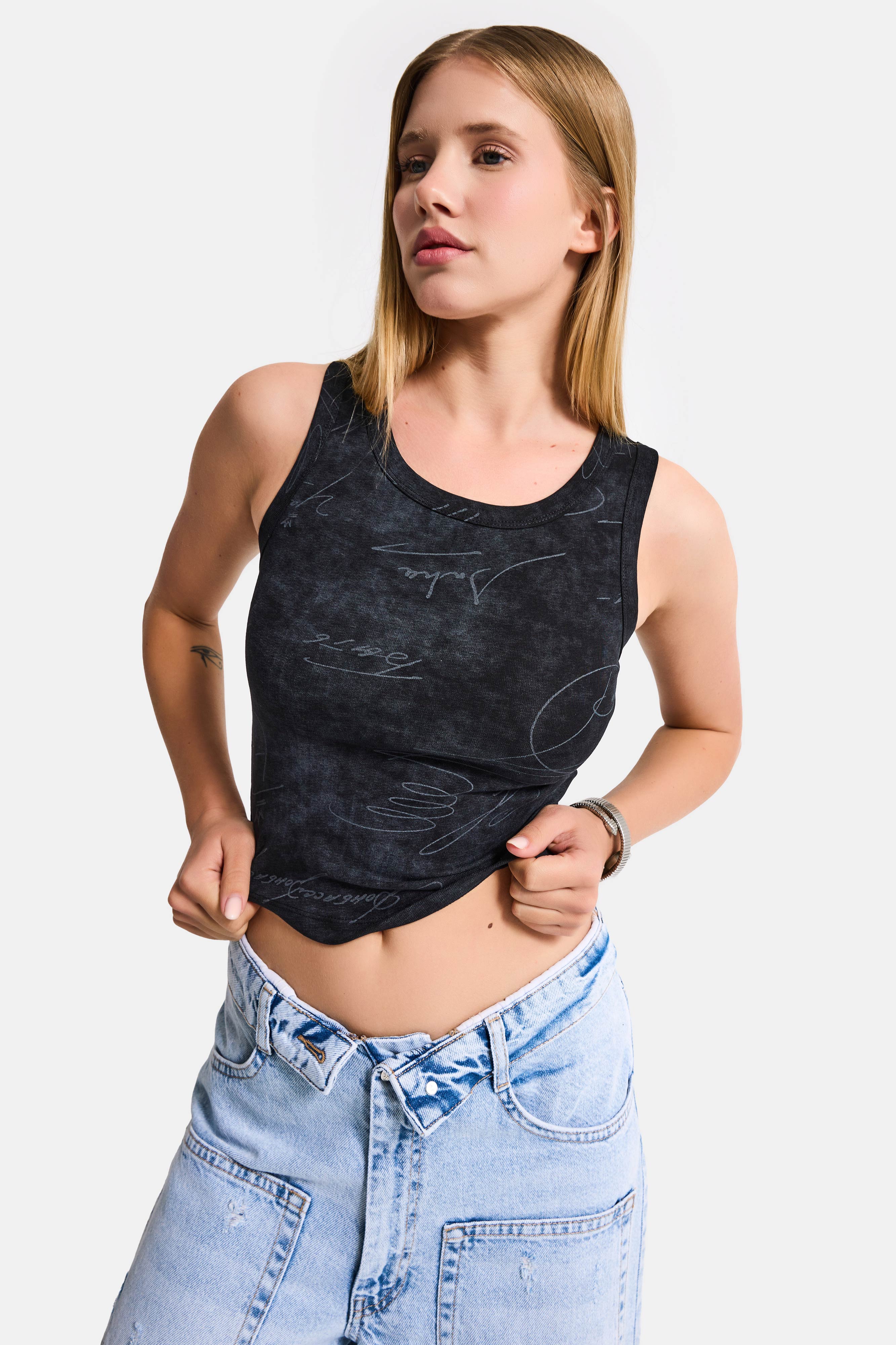 Kadın Siyah Antrasit w5 Crop Özel Baskılı Yıkamalı Kumaş Tasarım Body
