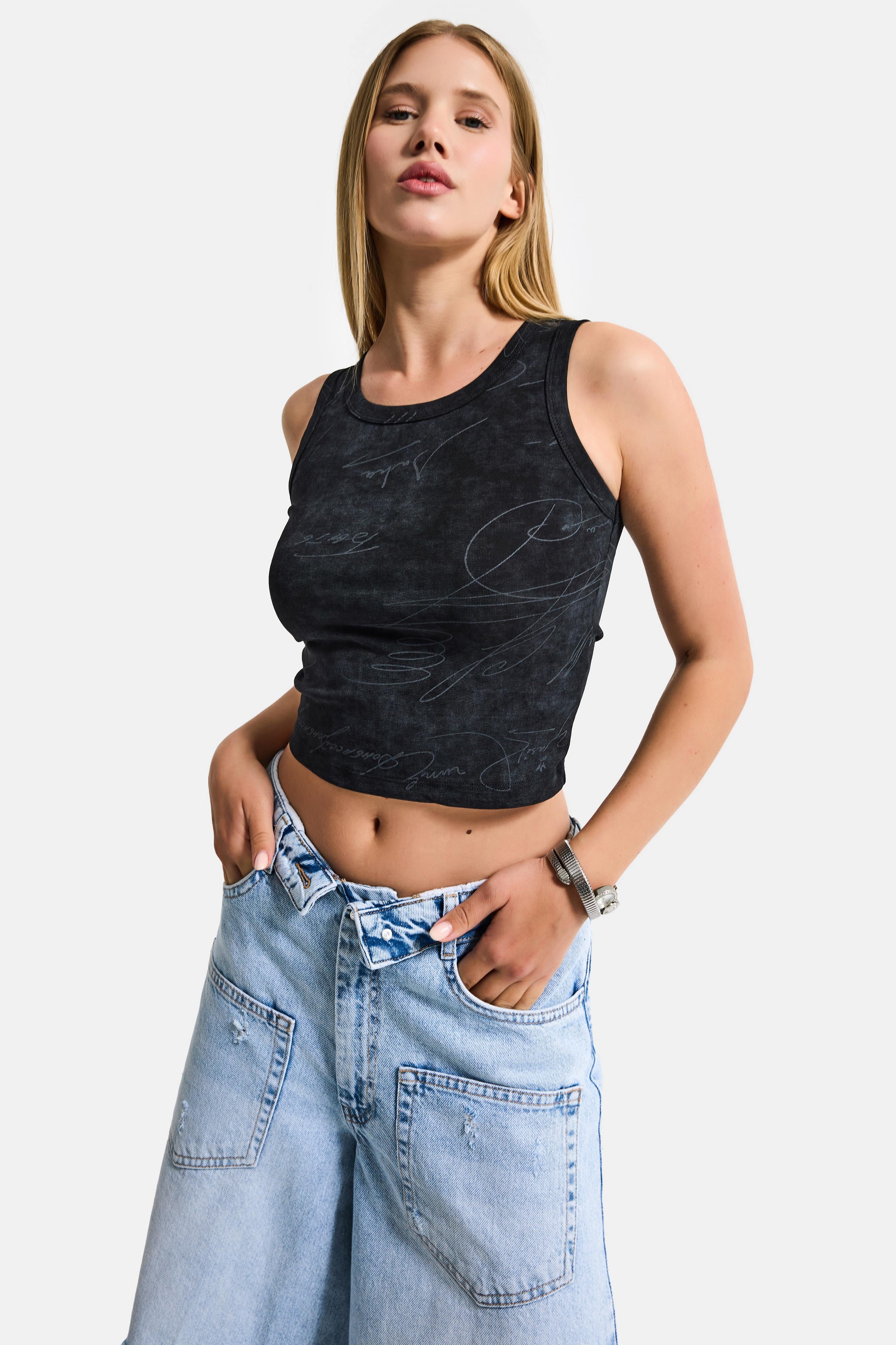 Kadın Siyah Antrasit w5 Crop Özel Baskılı Yıkamalı Kumaş Tasarım Body