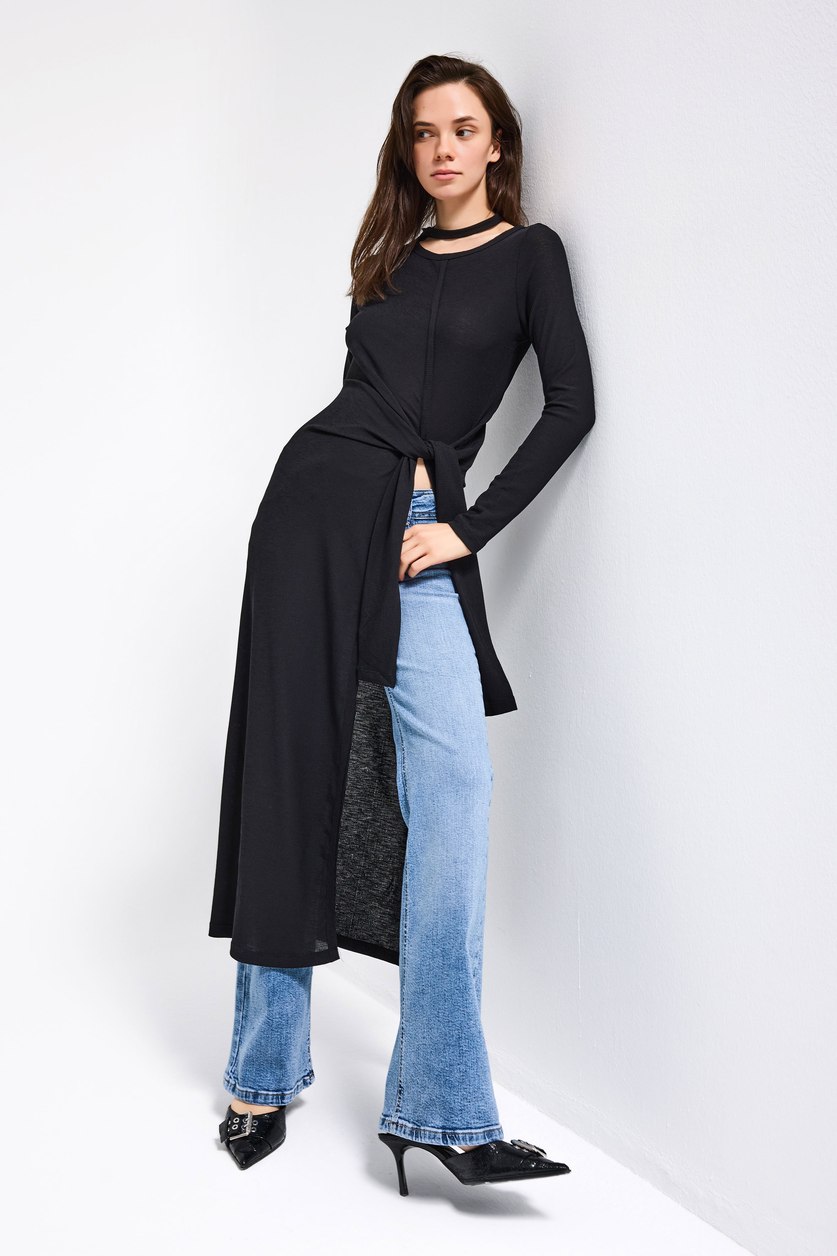 Kadın Siyah w5 Maxi Boy %100 Organik Kumaş Tasarım Belden Bağlamalı Tunik