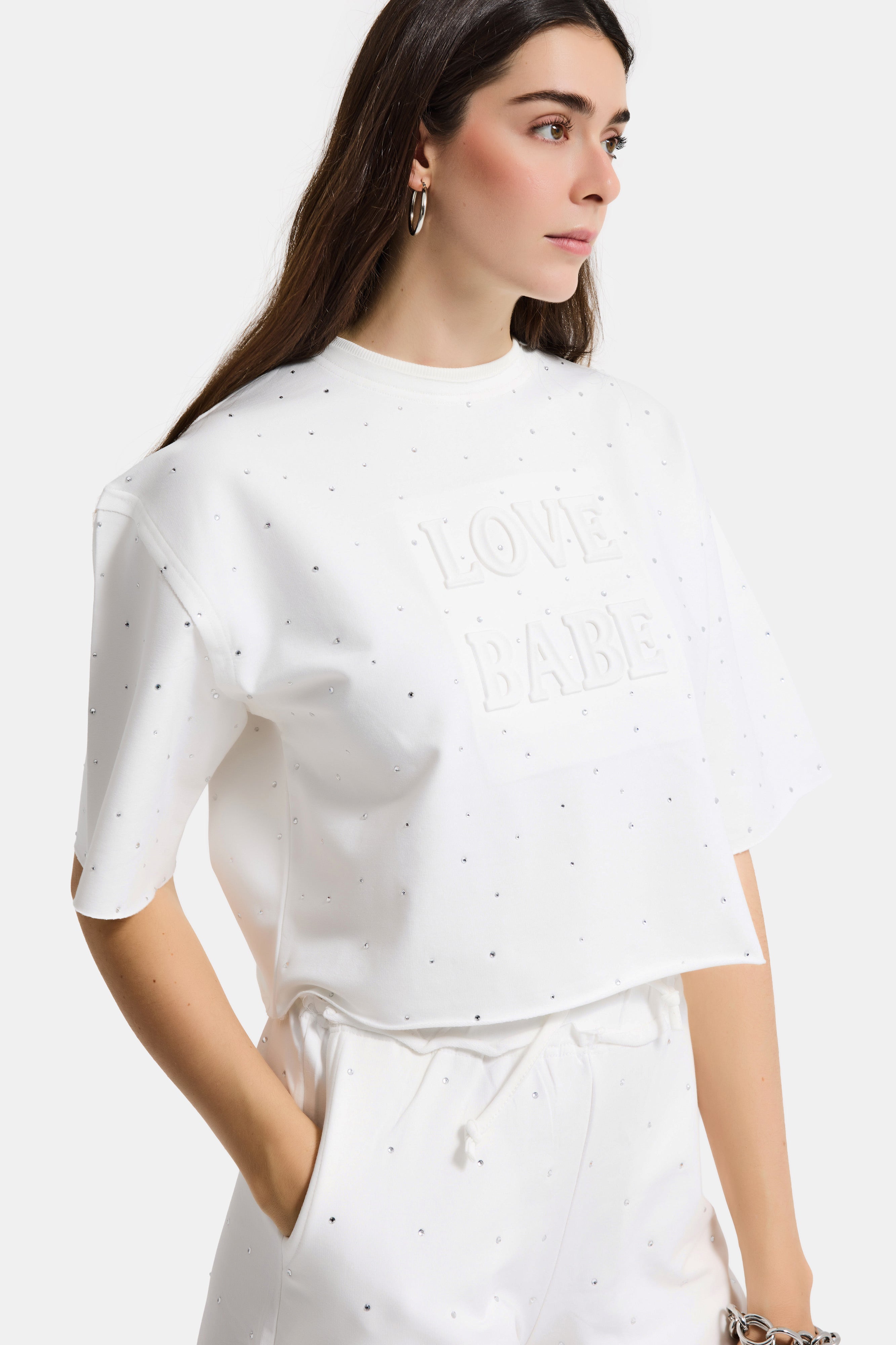 Kadın Beyaz T-s6-101 Crop Parlak Taşlı Özel Tasarım Örme T-Shirt