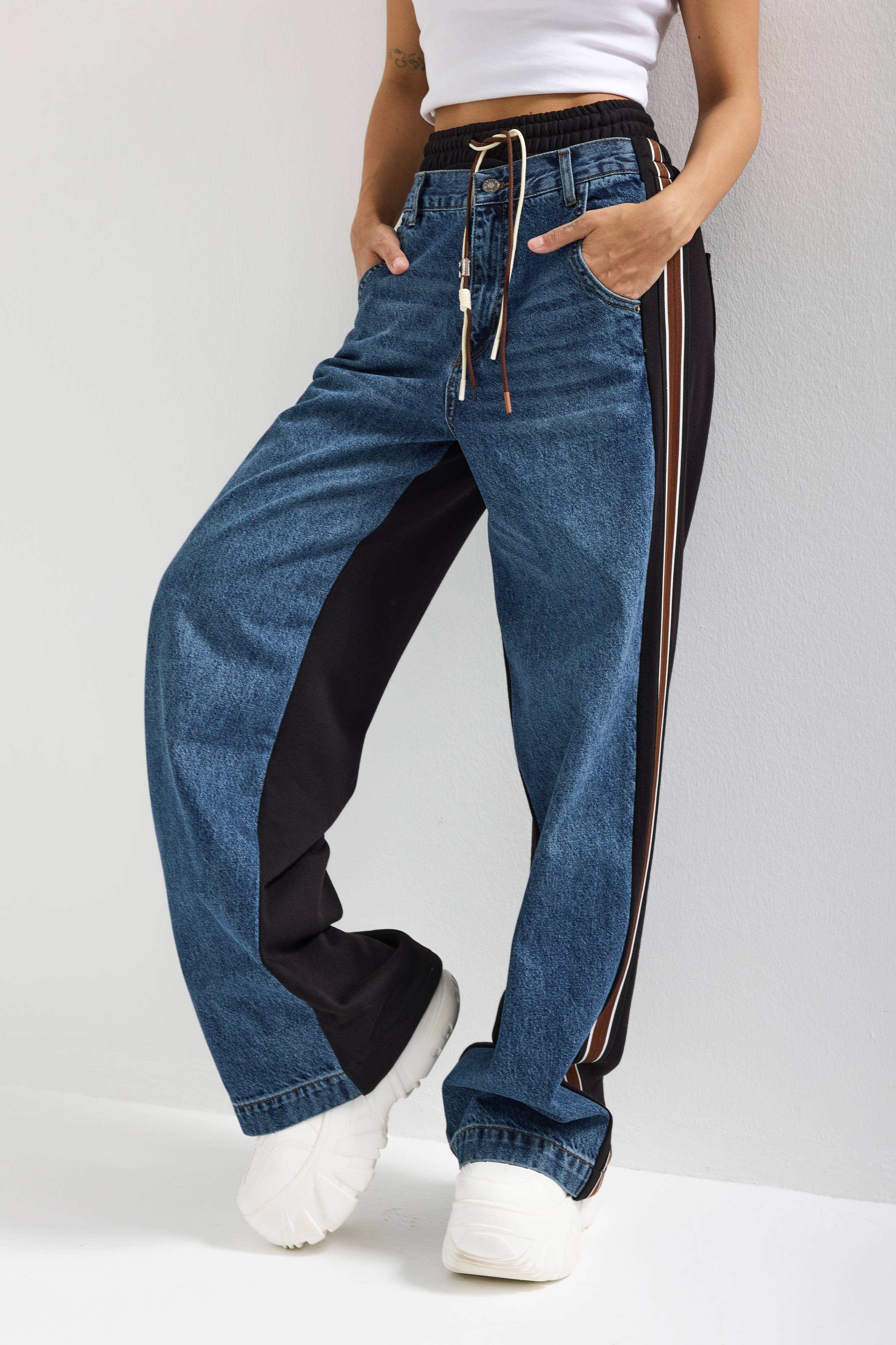 Kadın Koyu Kot Rengi 2w5-5 Straight Fit Bol Kesim Tasarım Denim Jean