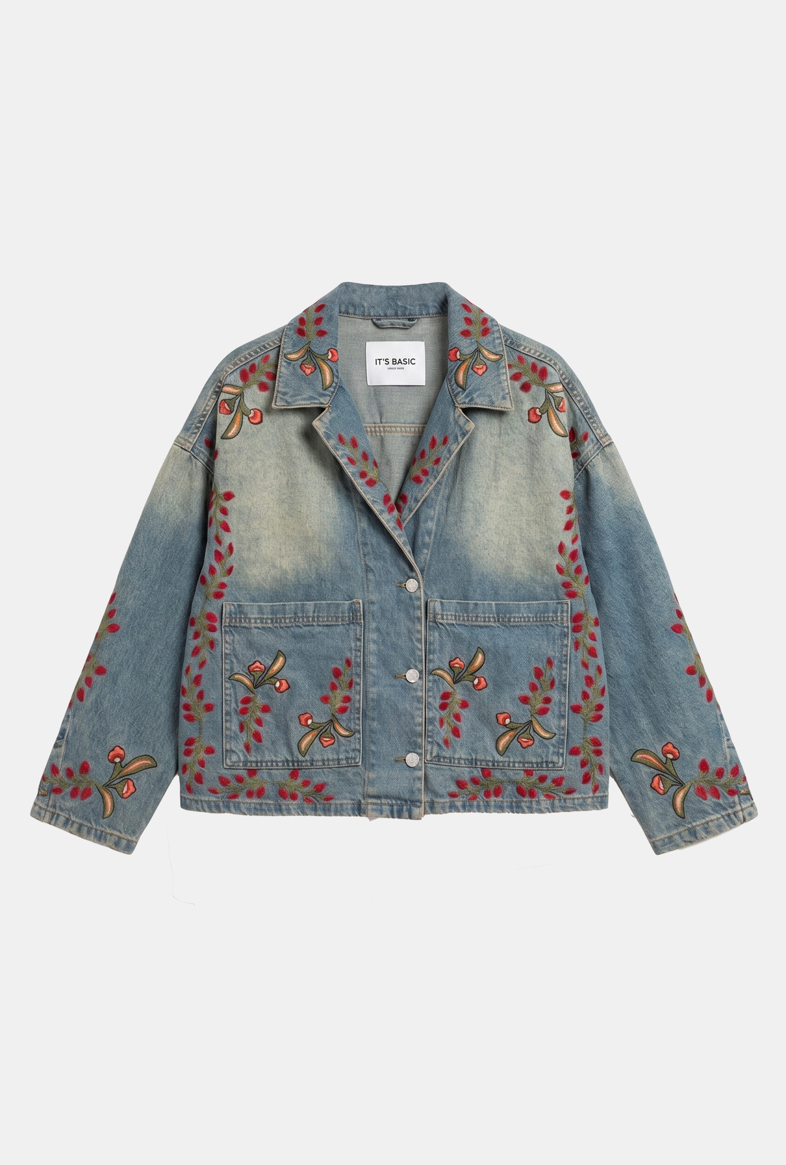 Kadın T.Kot Rengi 2S566 Çiçek Nakışlı Oversize Tasarım Denim Ceket