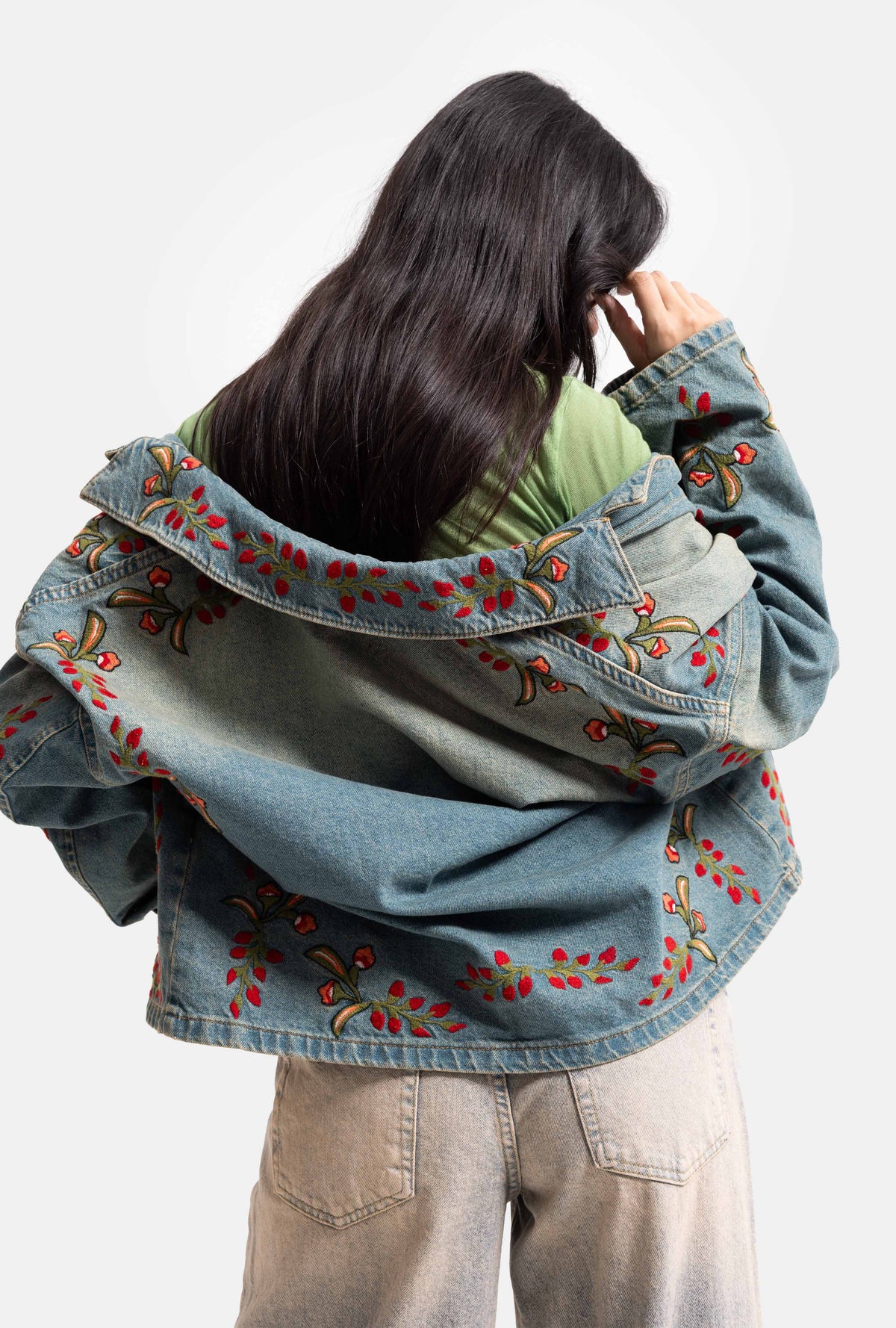 Kadın T.Kot Rengi 2S566 Çiçek Nakışlı Oversize Tasarım Denim Ceket
