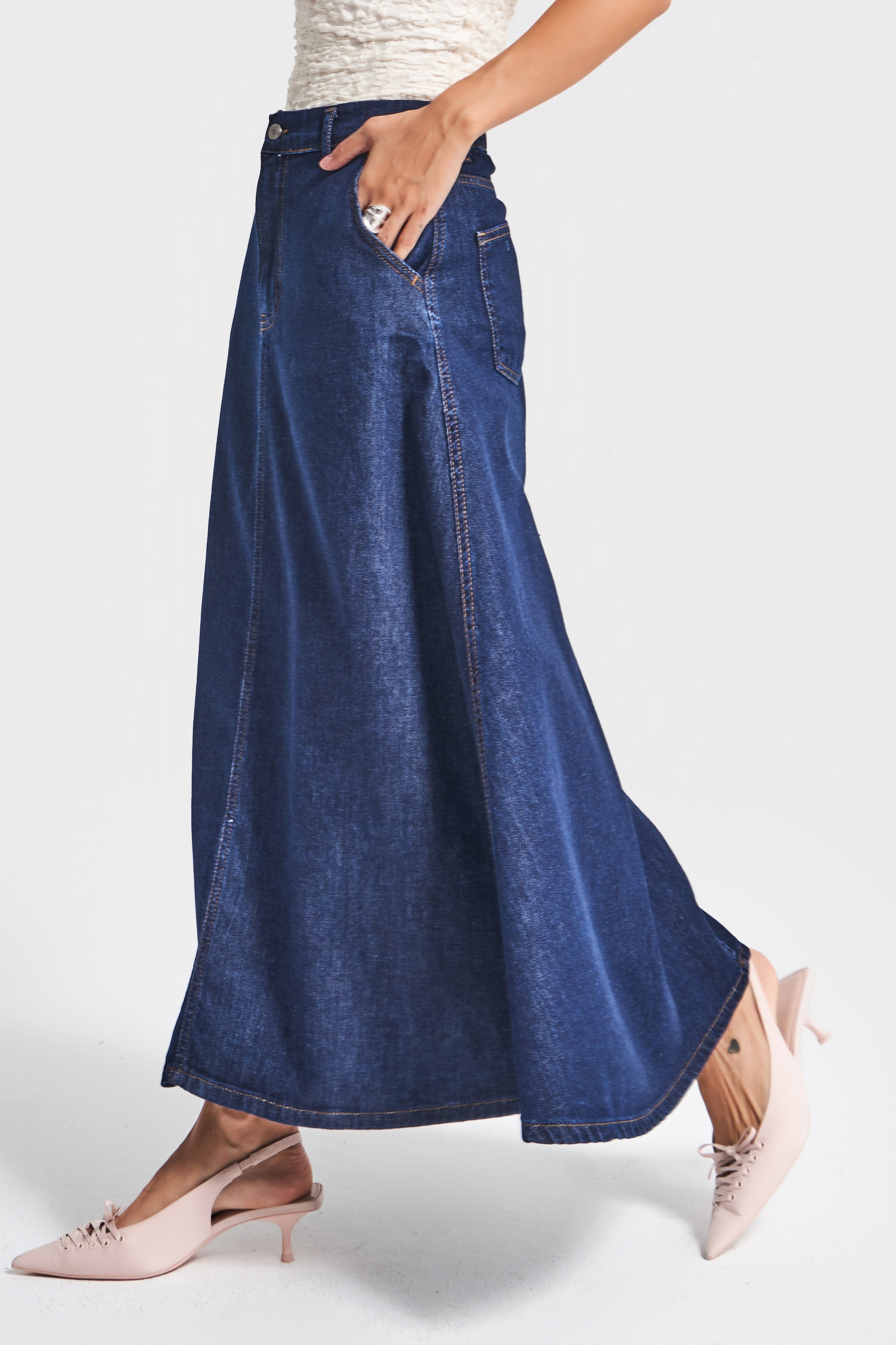 Kadın İndigo Renk 7w5-50 A Tipi Çan Kesim Maxi Boy %100 Koton Denim Etek