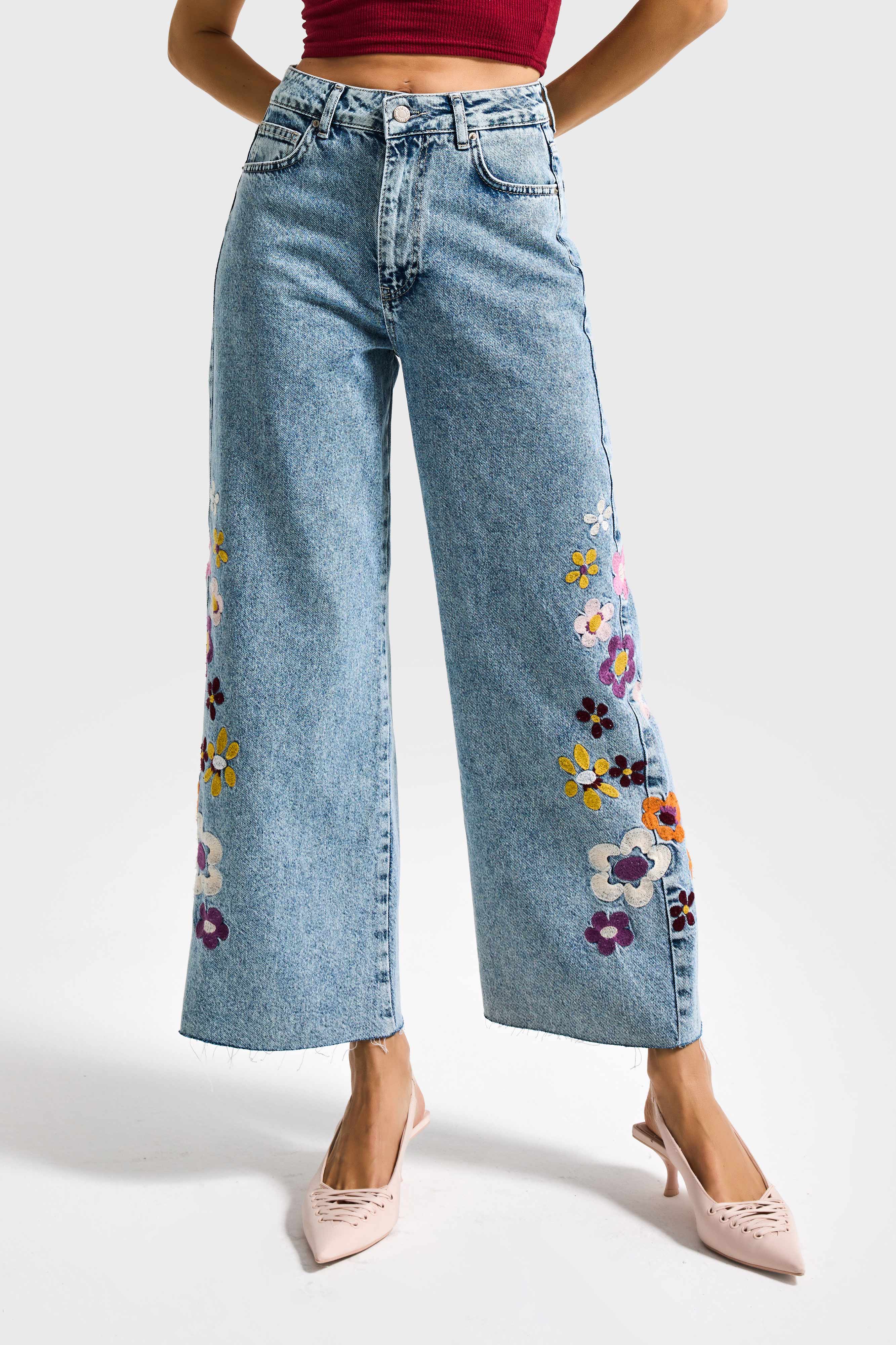 Kadın Snow Kot Rengi Çiçek Nakışlı Culotte Fit Tasarım Denim